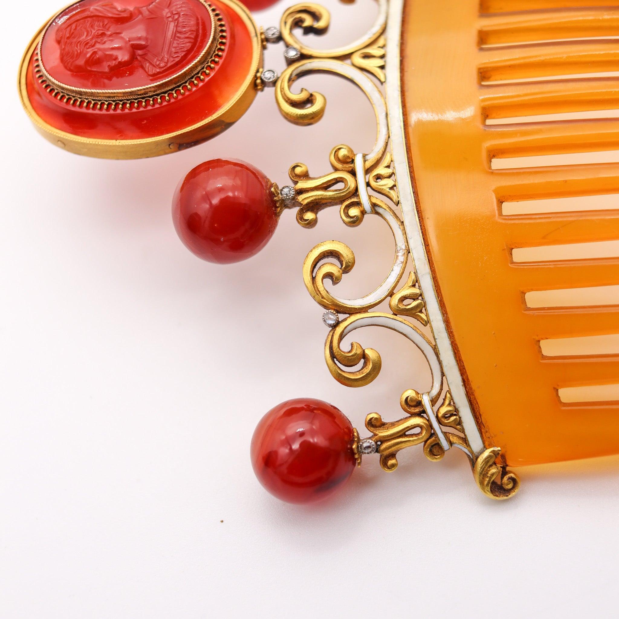 Women's NEOCLASSICAL 1880 Enameled Hair Comb In 18Kt Gold Diamonds & Carved Agates For Sale
