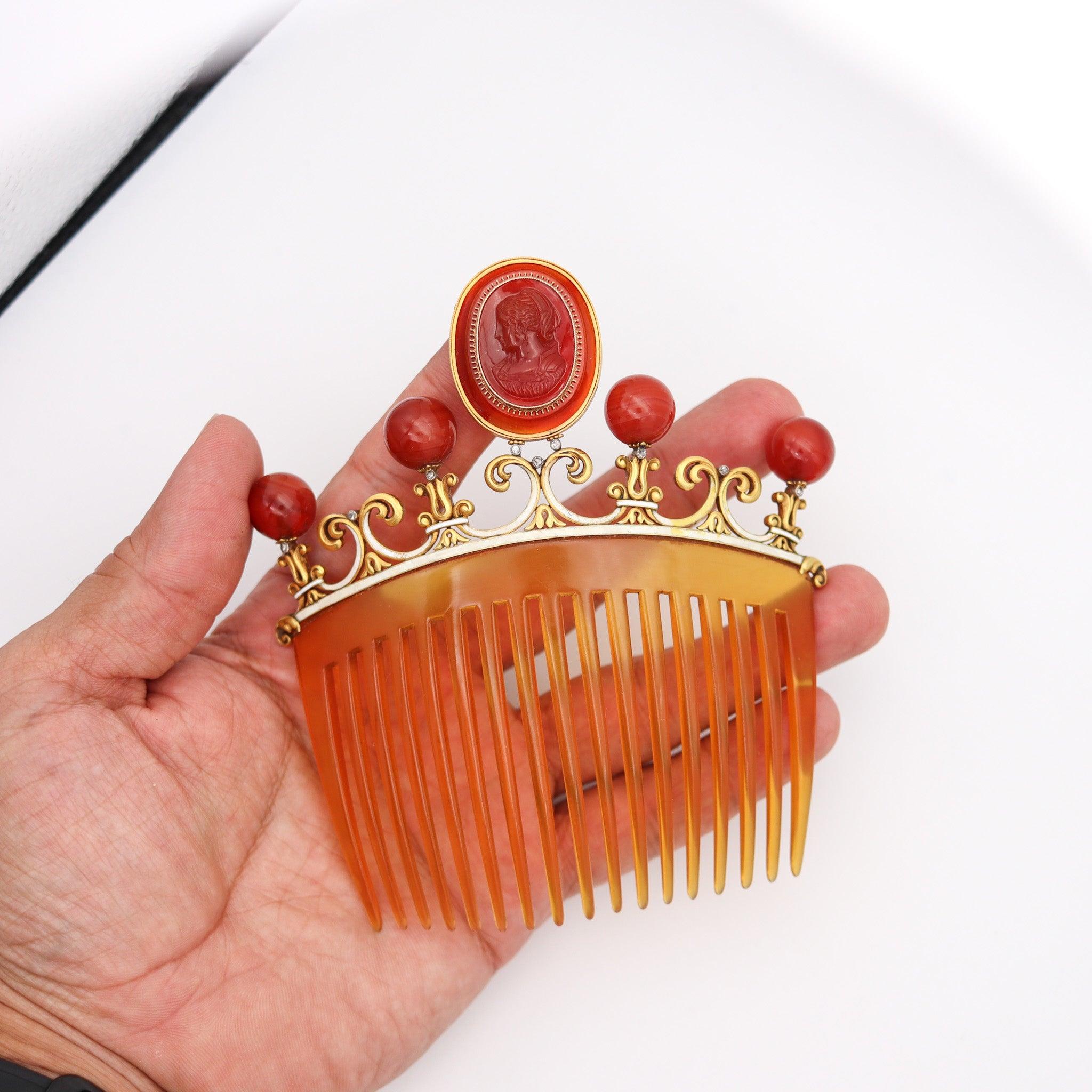 NEOCLASSICAL 1880 Enameled Hair Comb In 18Kt Gold Diamonds & Carved Agates For Sale 1