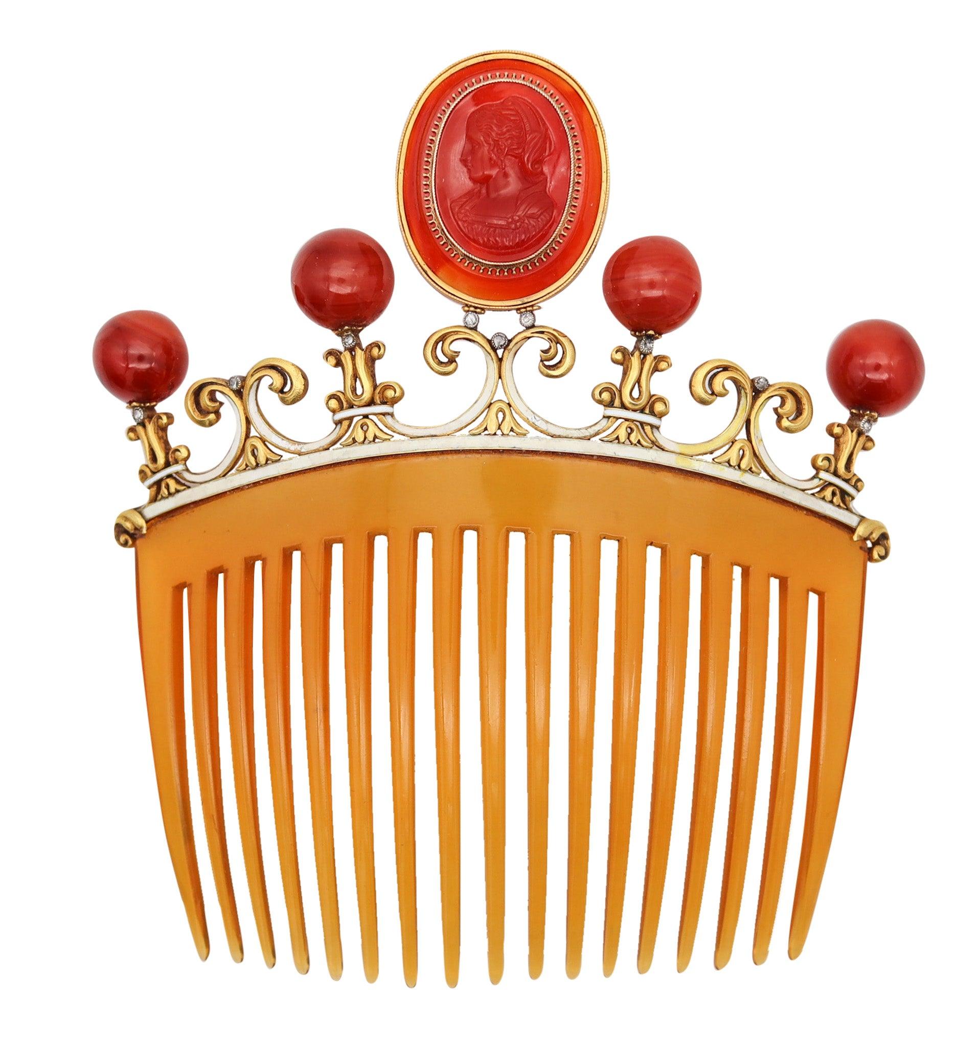 NEOCLASSICAL 1880 Enameled Hair Comb In 18Kt Gold Diamonds & Carved Agates For Sale 2