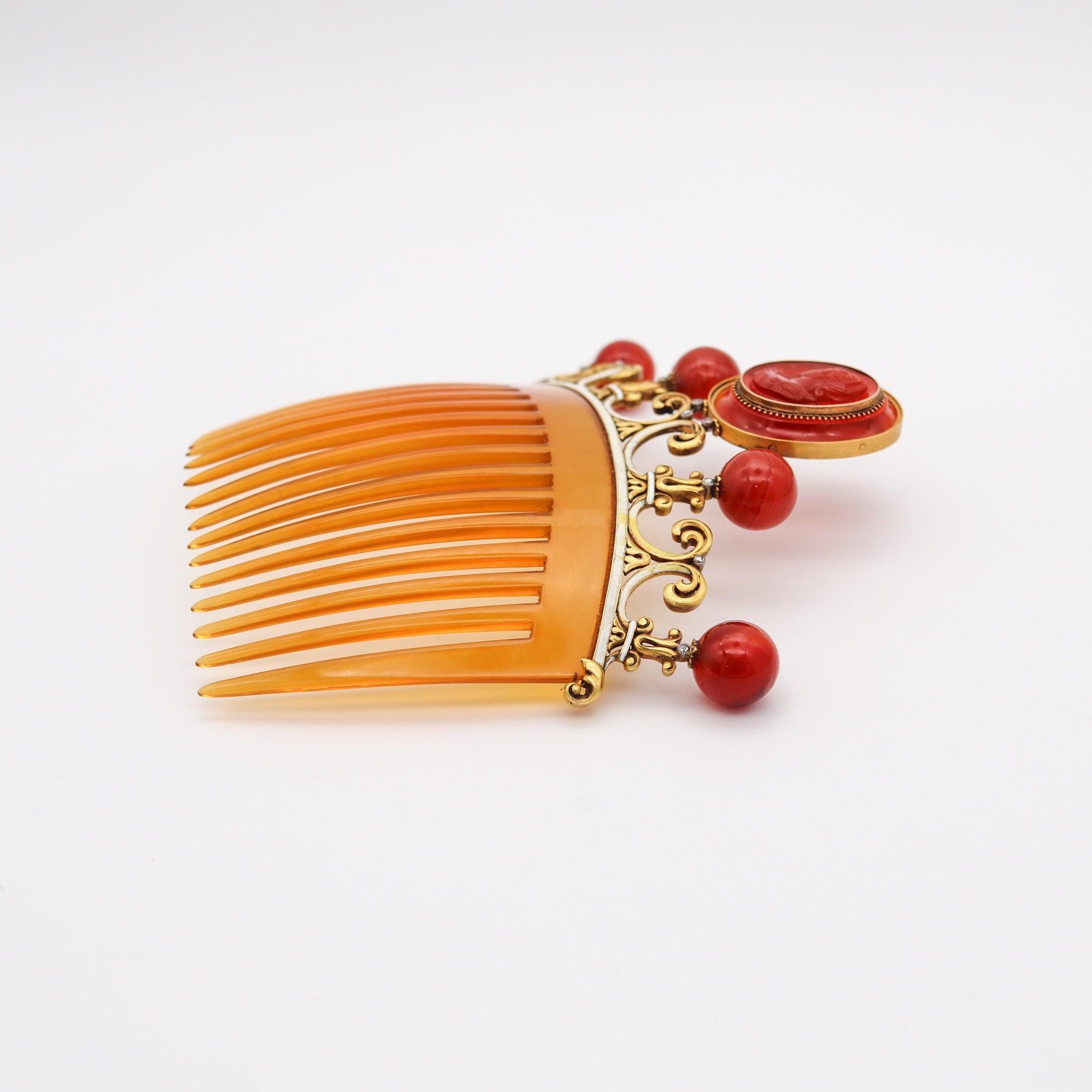 NEOCLASSICAL 1880 Enameled Hair Comb In 18Kt Gold Diamonds & Carved Agates For Sale 3