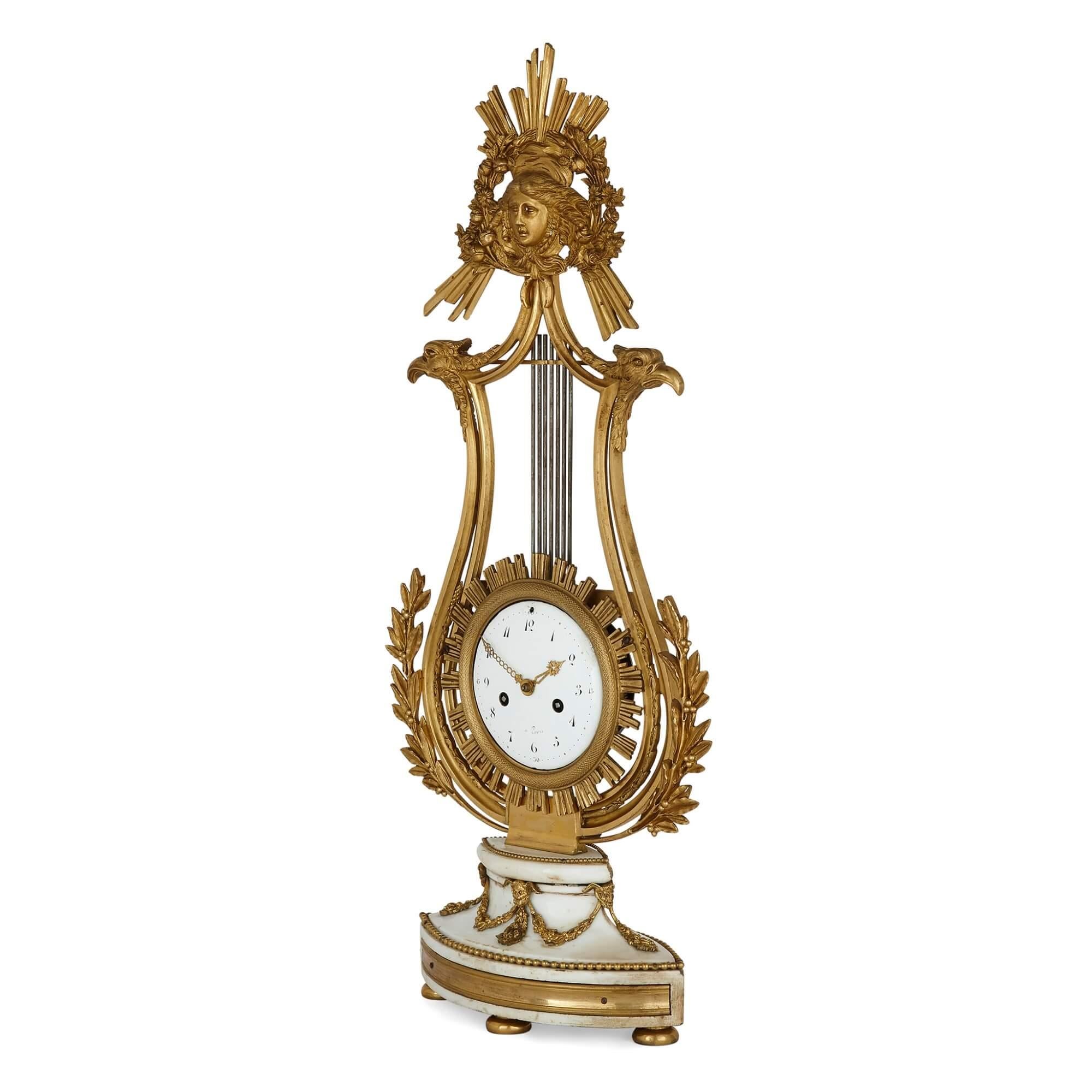 Neoclassical 18th Century ormolu and marble lyre clock
French, Louis XVI period
Height 64m, width 27cm, depth 12cm

This exquisite mantel clock was crafted during the reign of Louis XVI. The clock is shaped as an ormolu lyre, and features a