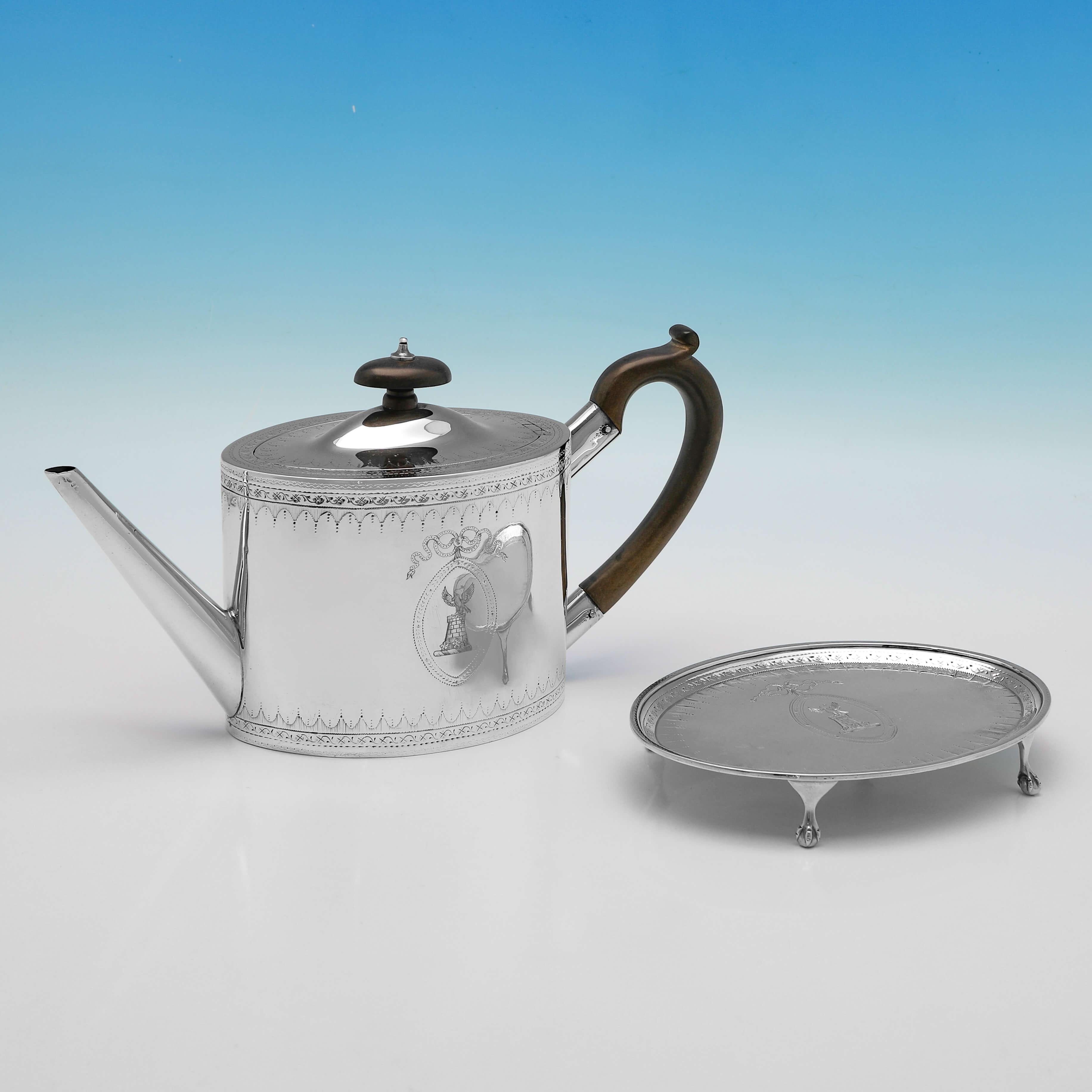 English Neoclassical 18th Century Sterling Silver Teapot On Stand - John Denziloe 1787/8 For Sale