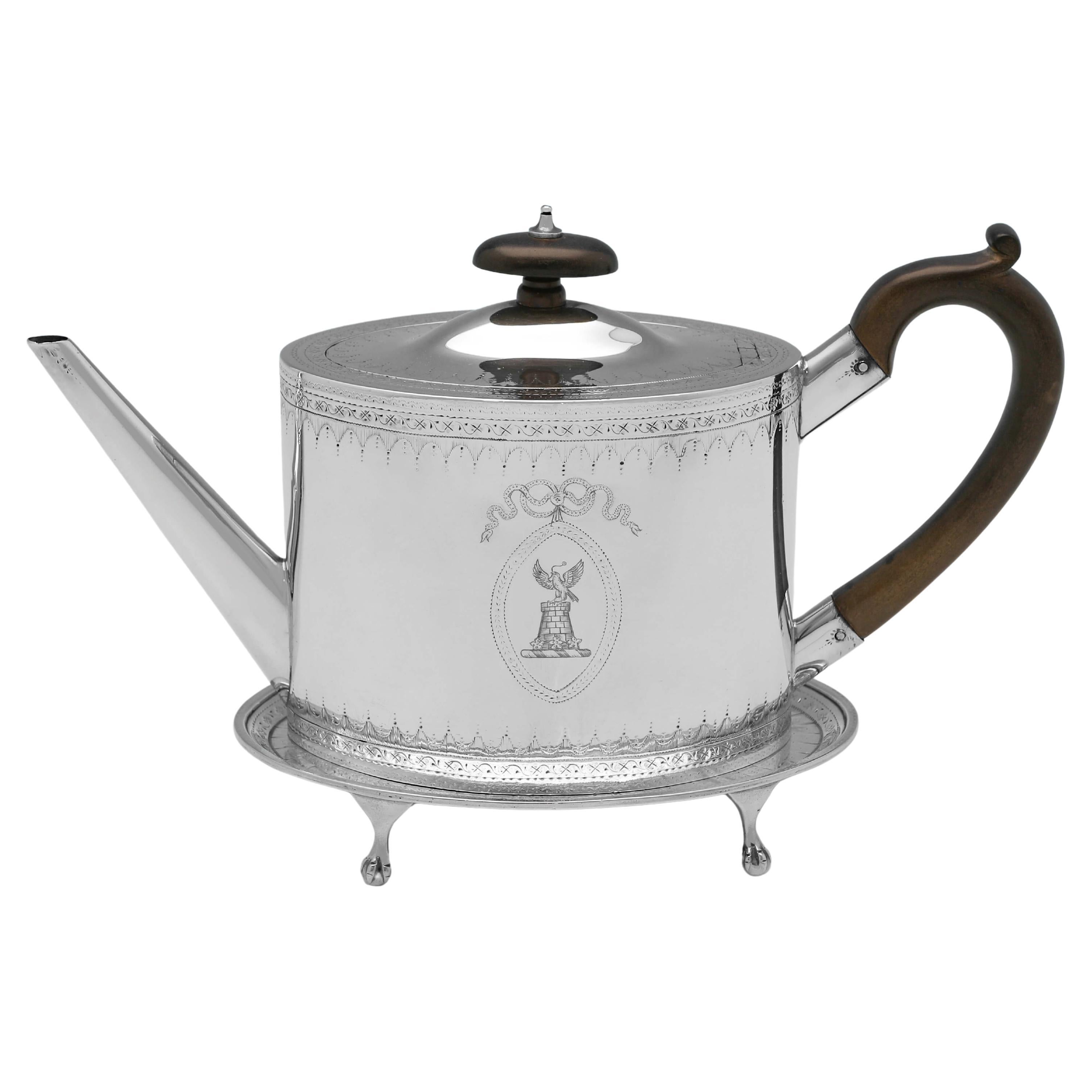 Neoclassical 18th Century Sterling Silver Teapot On Stand - John Denziloe 1787/8 For Sale