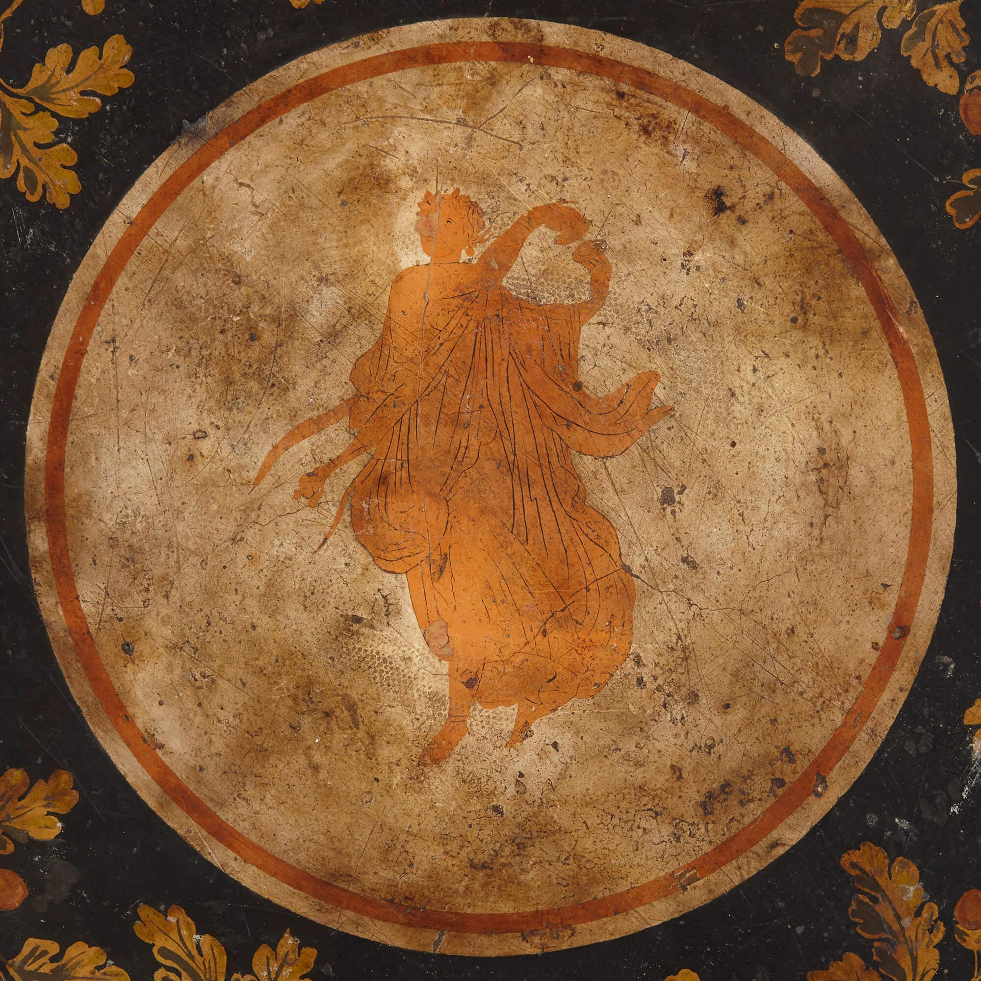 Neoclassical 19th century Italian scagliola table surface 
Italy, 19th century
Diameter: 50.5cm, depth 1cm

Comprising a decorative outer band with leaves and acorns in a wreath around a central space with a singular figure, this excellent