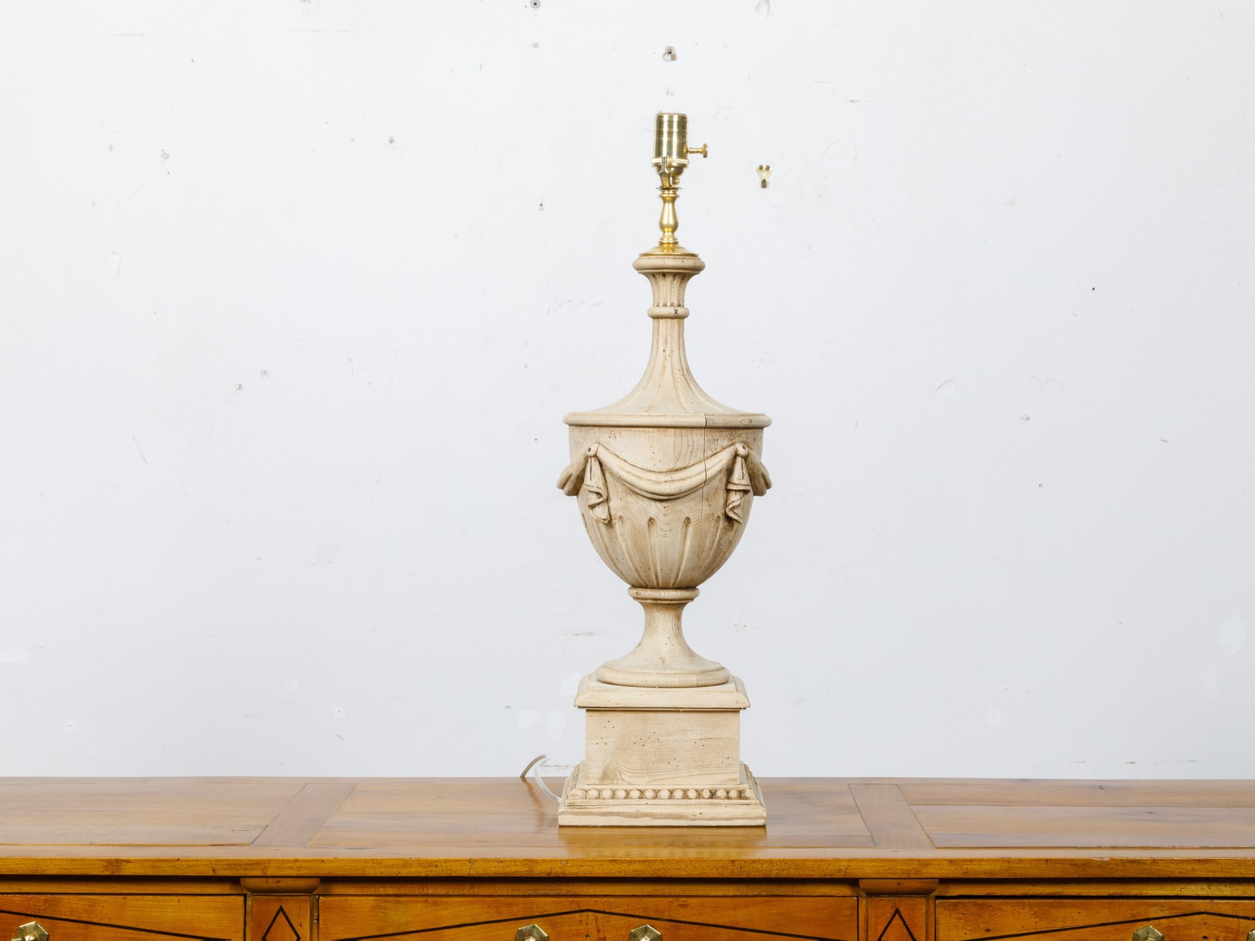 Carved Neoclassical 19th Century Pine Urn Form Finial Made into Table Lamp, US-Wired For Sale