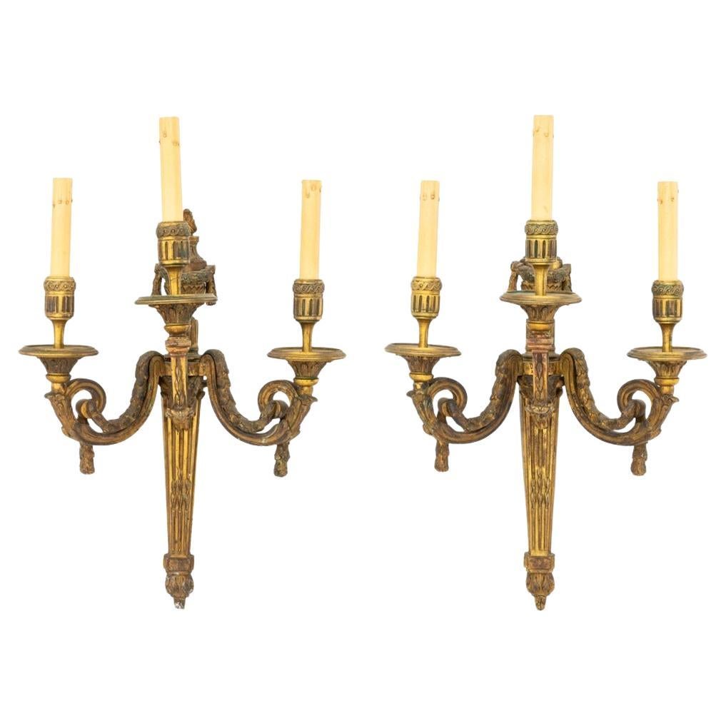 Apliques neoclásicos de 3 brazos de bronce dorado, Pareja