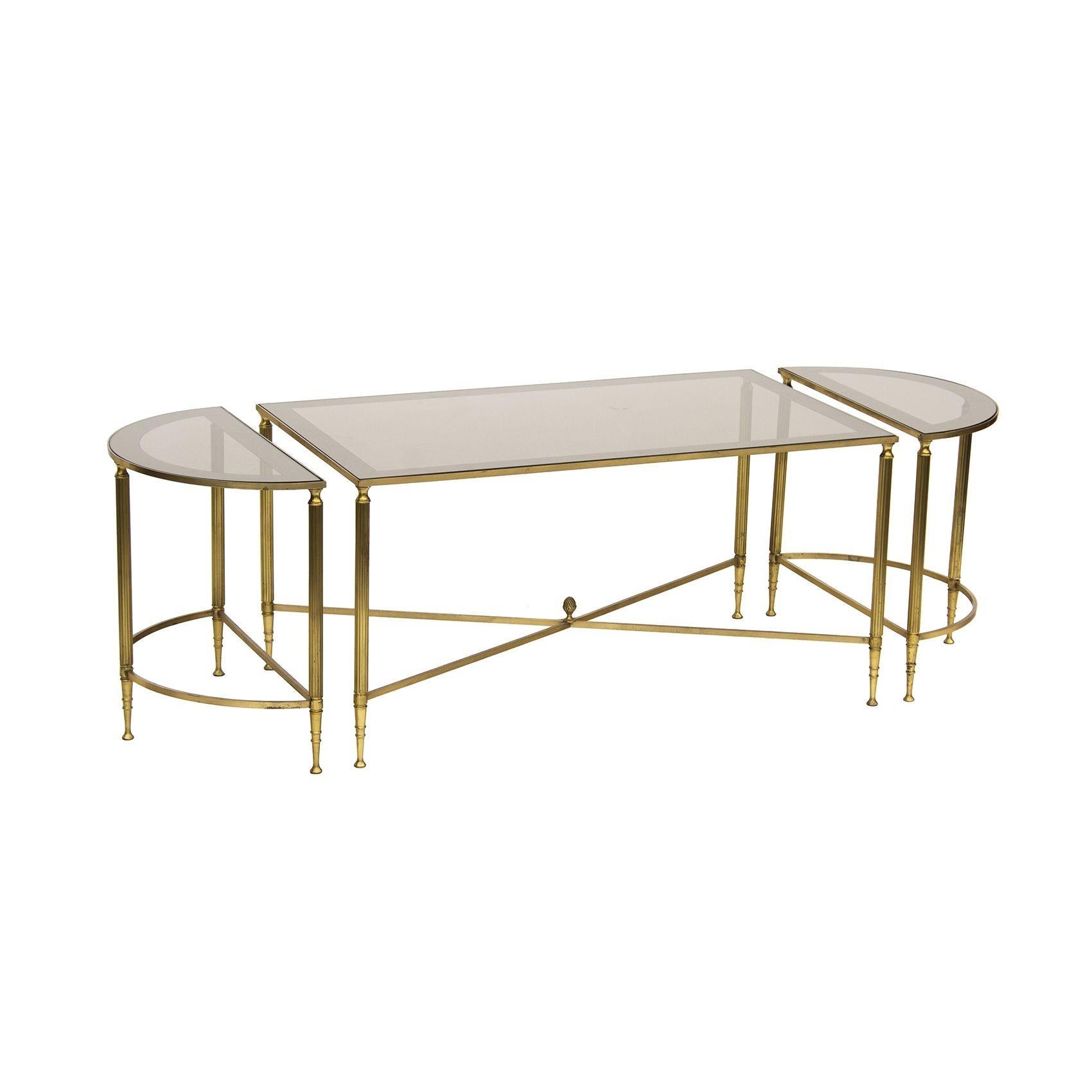 Hollywood Regency Neoclassical 3 pc Bunching Cocktail Table in Brass after Maison Jansen