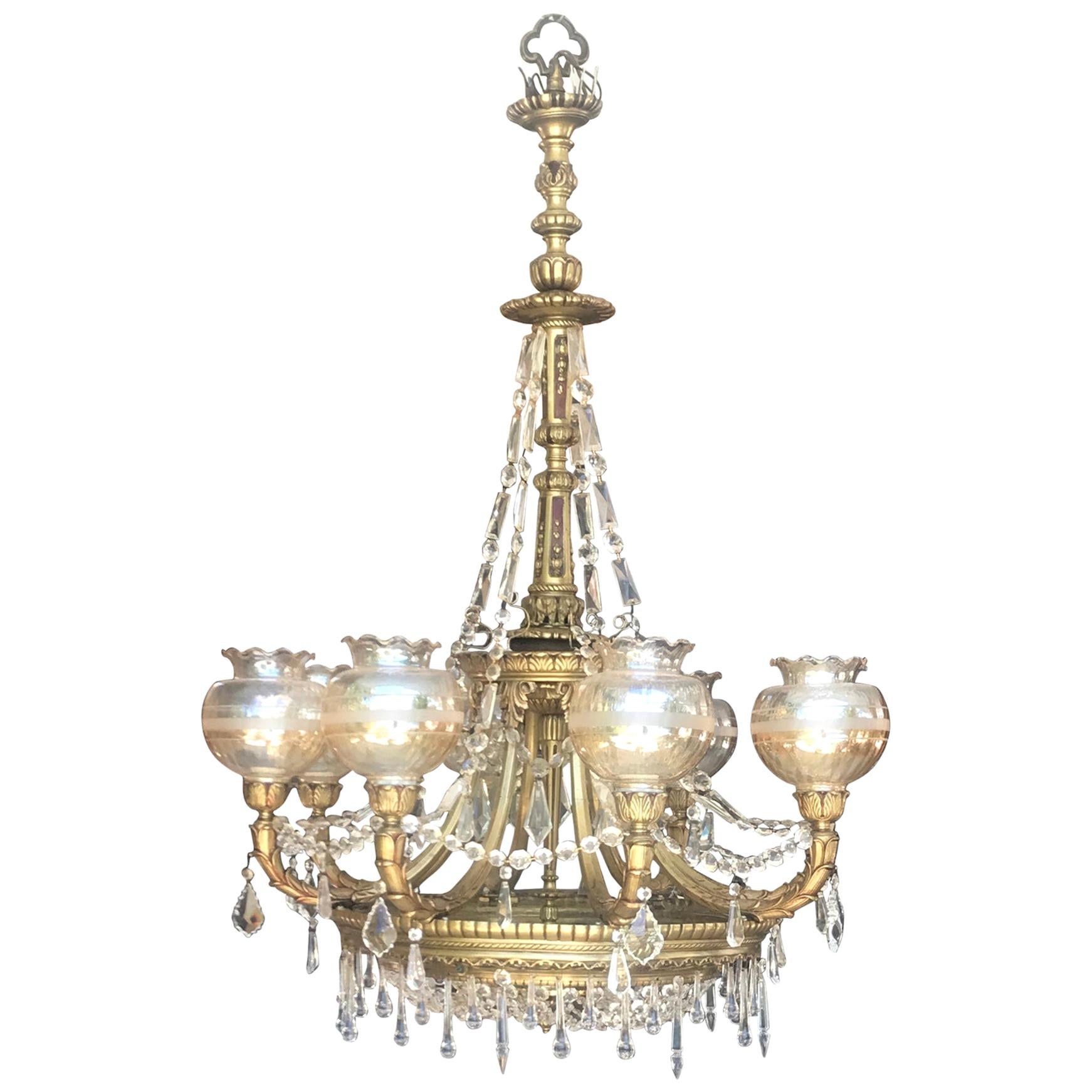 Neoclassical 8-Lamp Shades Spanish Crystal and Bronze Handcrafted Chandelier
