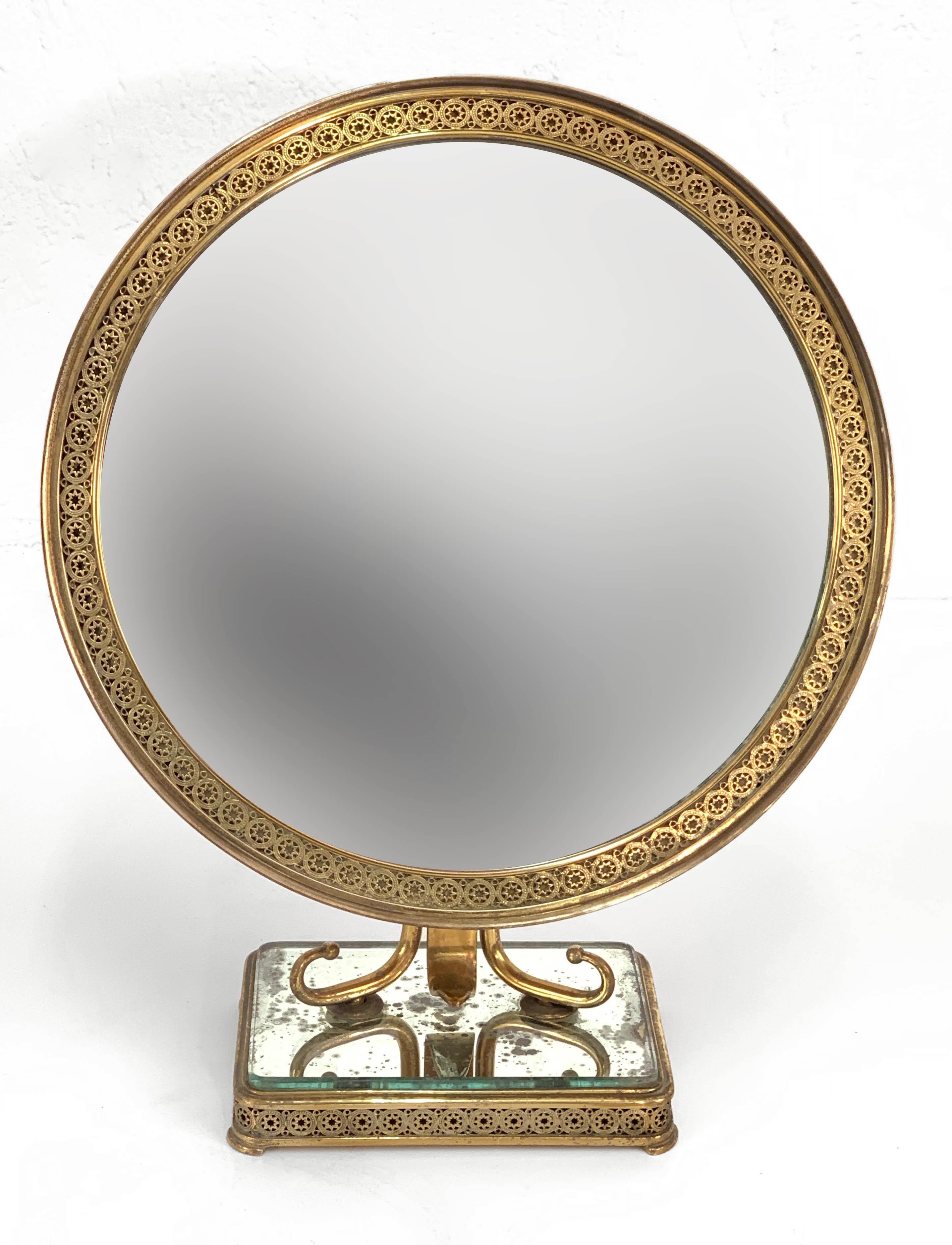 20th Century Neoclassical Adjustable Brass and Wood Italian Vanity Table Mirror, 1950s