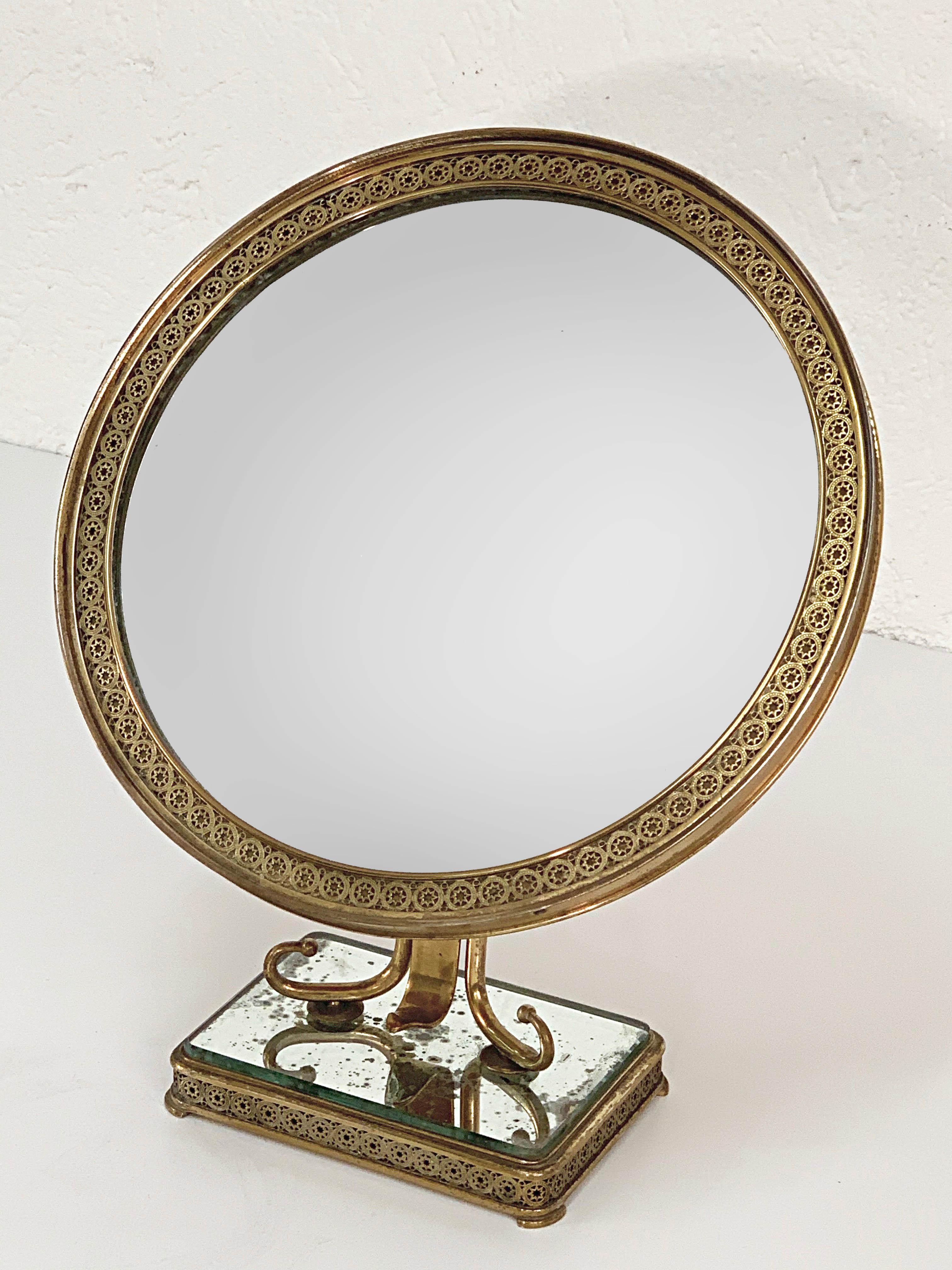 Neoclassical Adjustable Brass and Wood Italian Vanity Table Mirror, 1950s 1