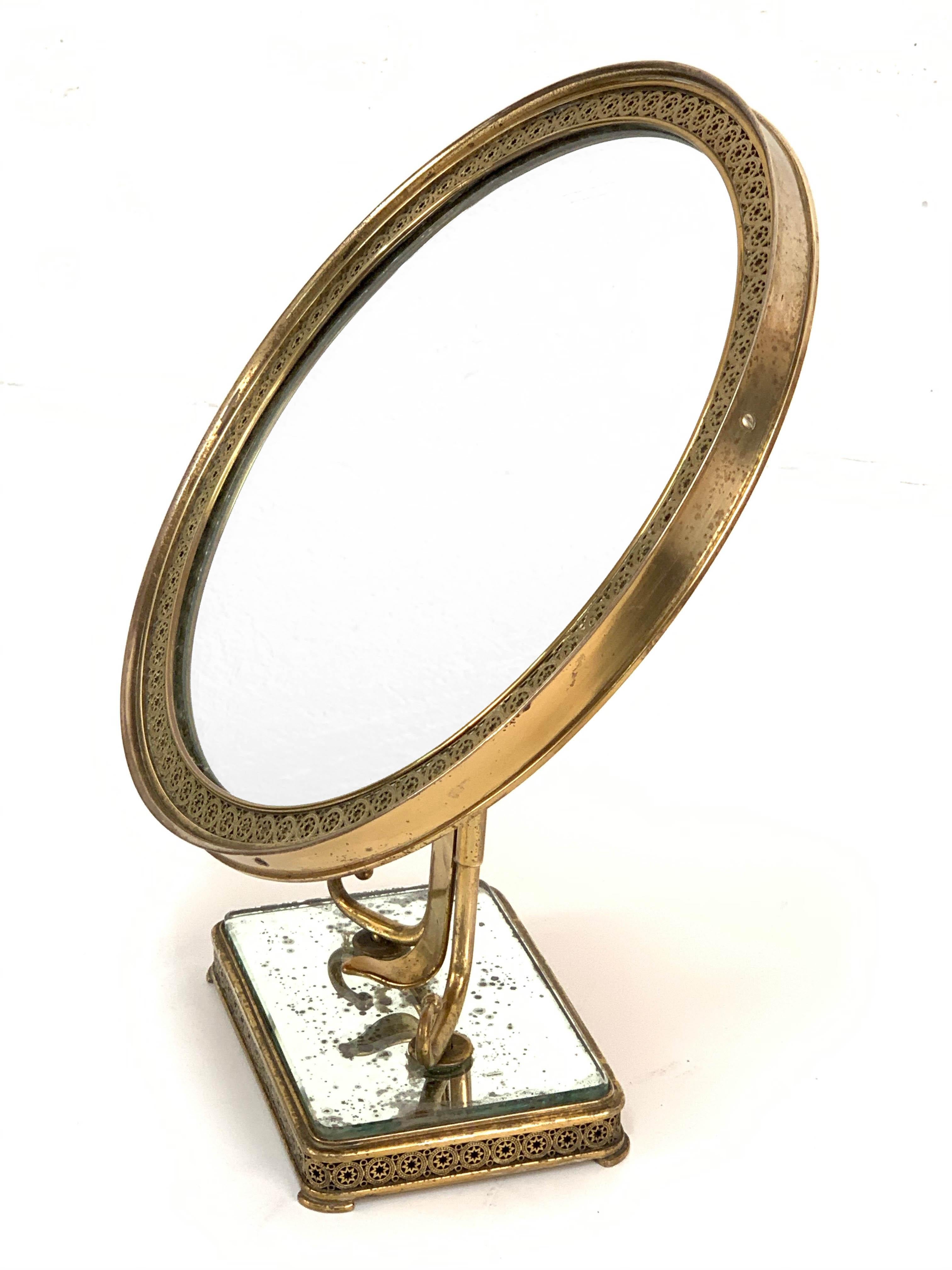 Neoclassical Adjustable Brass and Wood Italian Vanity Table Mirror, 1950s 3