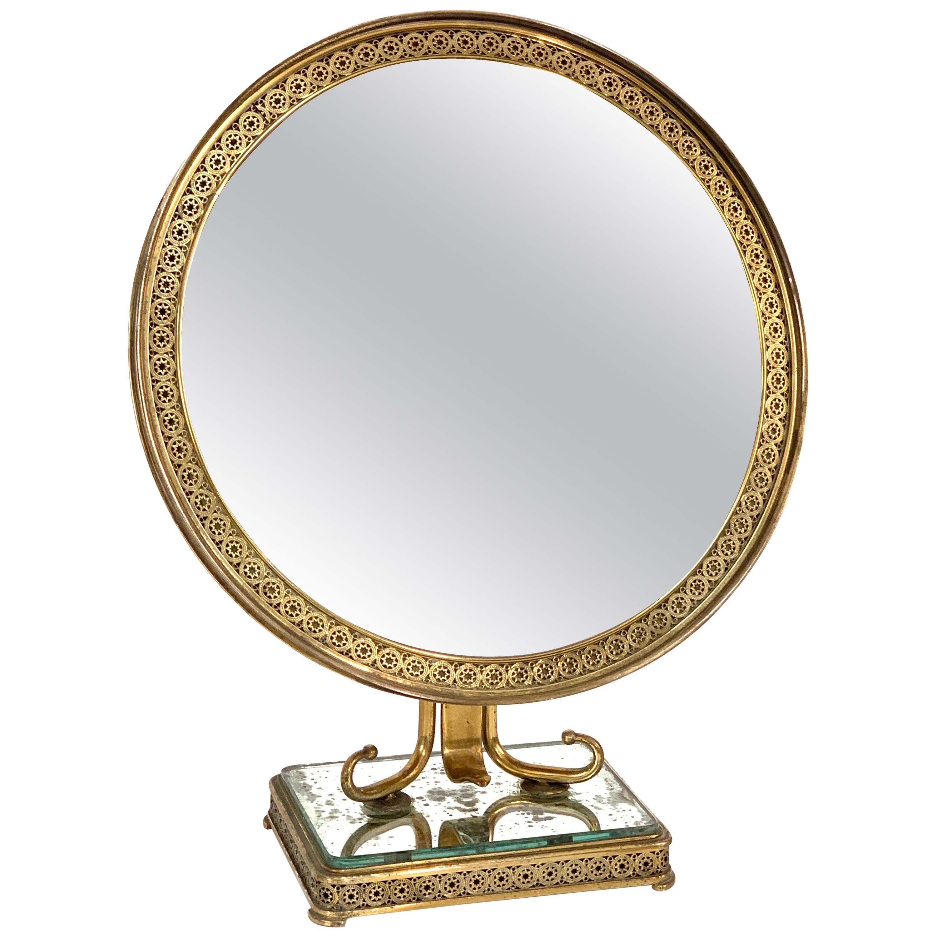 Neoclassical Adjustable Brass and Wood Italian Vanity Table Mirror, 1950s
