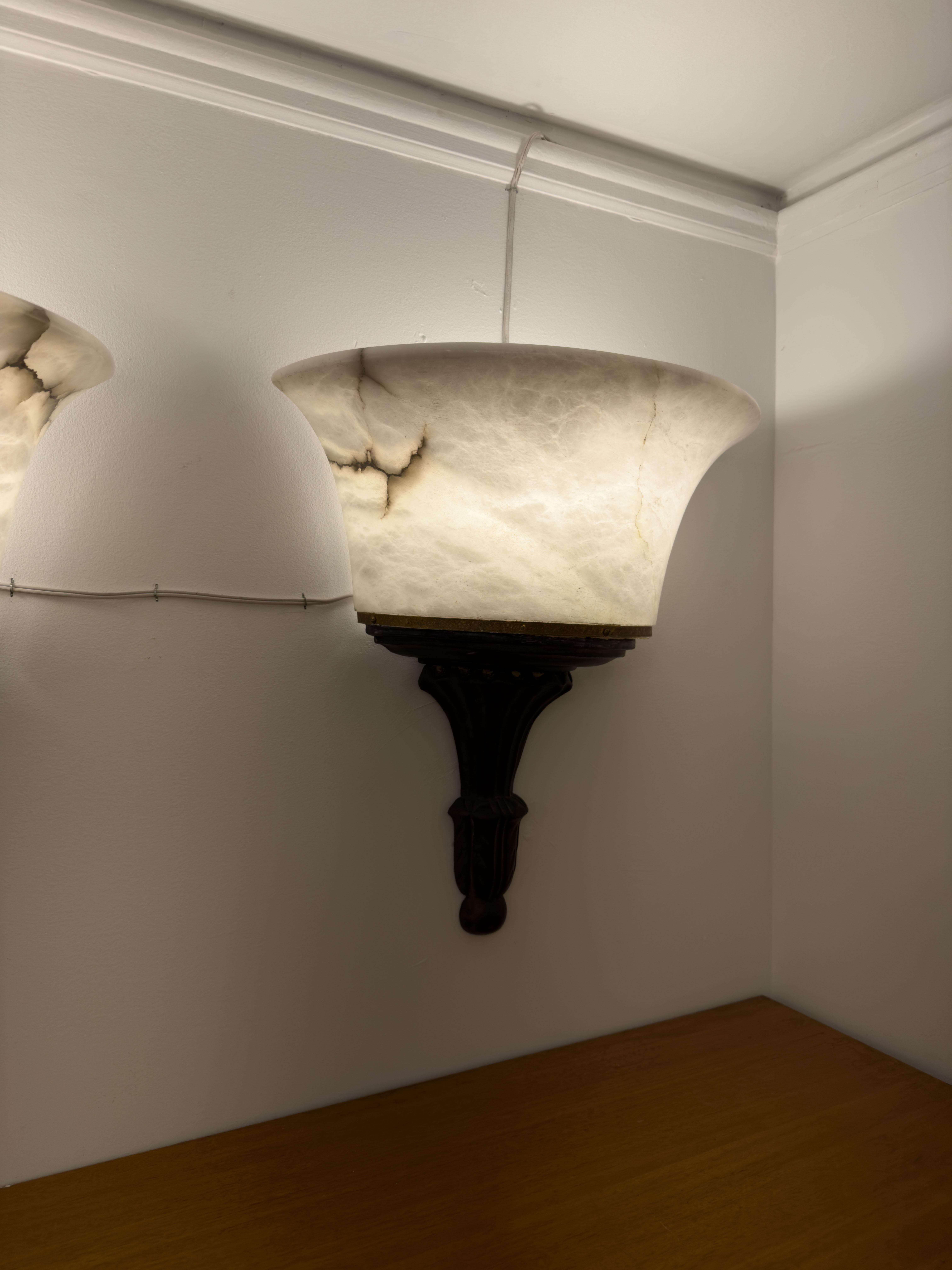 Carved Neoclassical Alabaster and Wood Torches For Sale