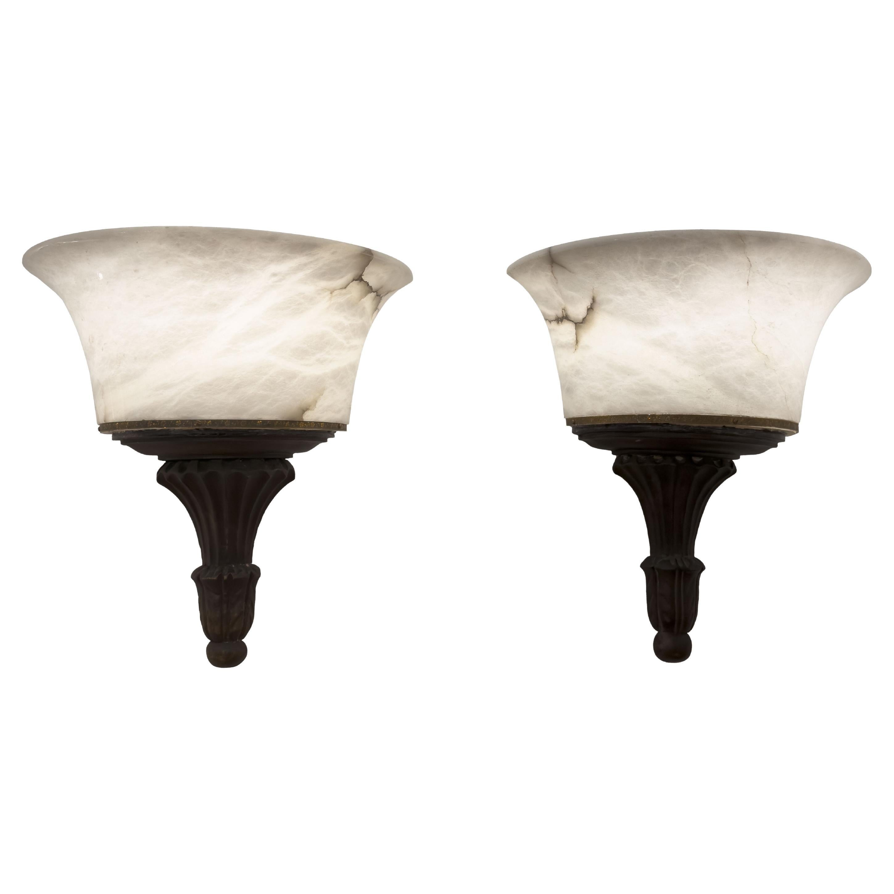 Neoclassical Alabaster and Wood Torches