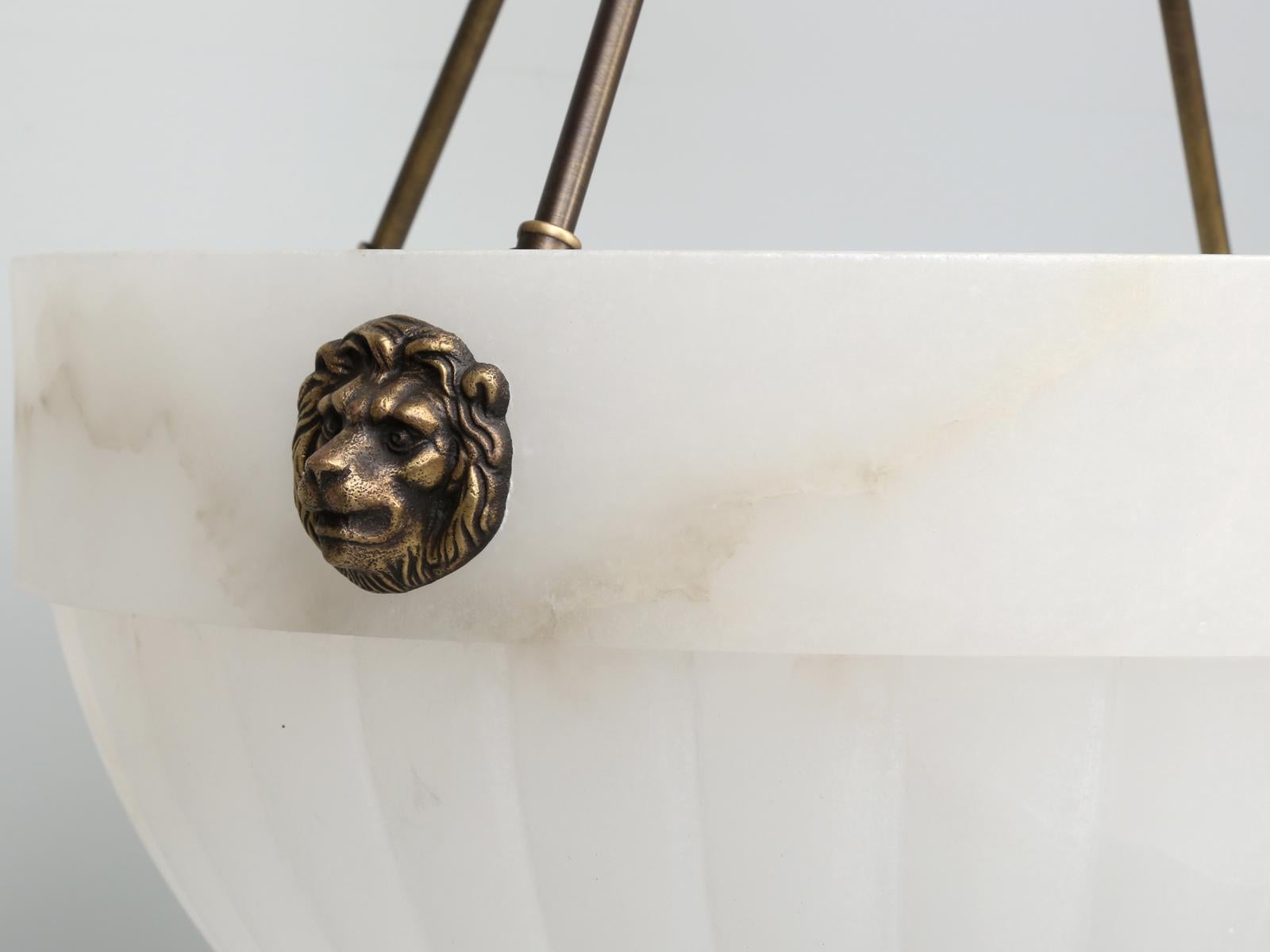 Neoclassical Alabaster Pendant Chandelier with Bronze Lions 5