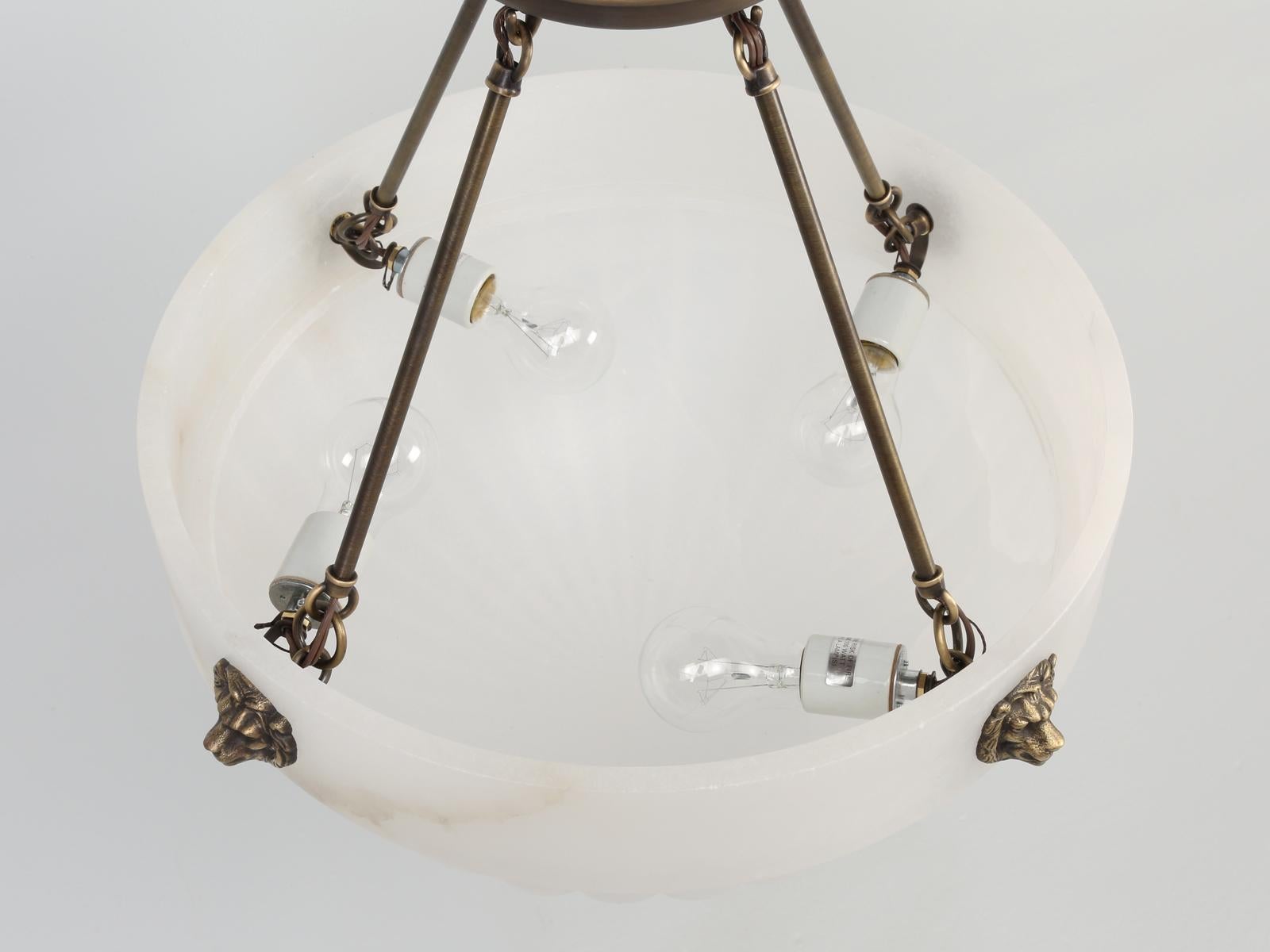 Contemporary Neoclassical Alabaster Pendant Chandelier with Bronze Lions