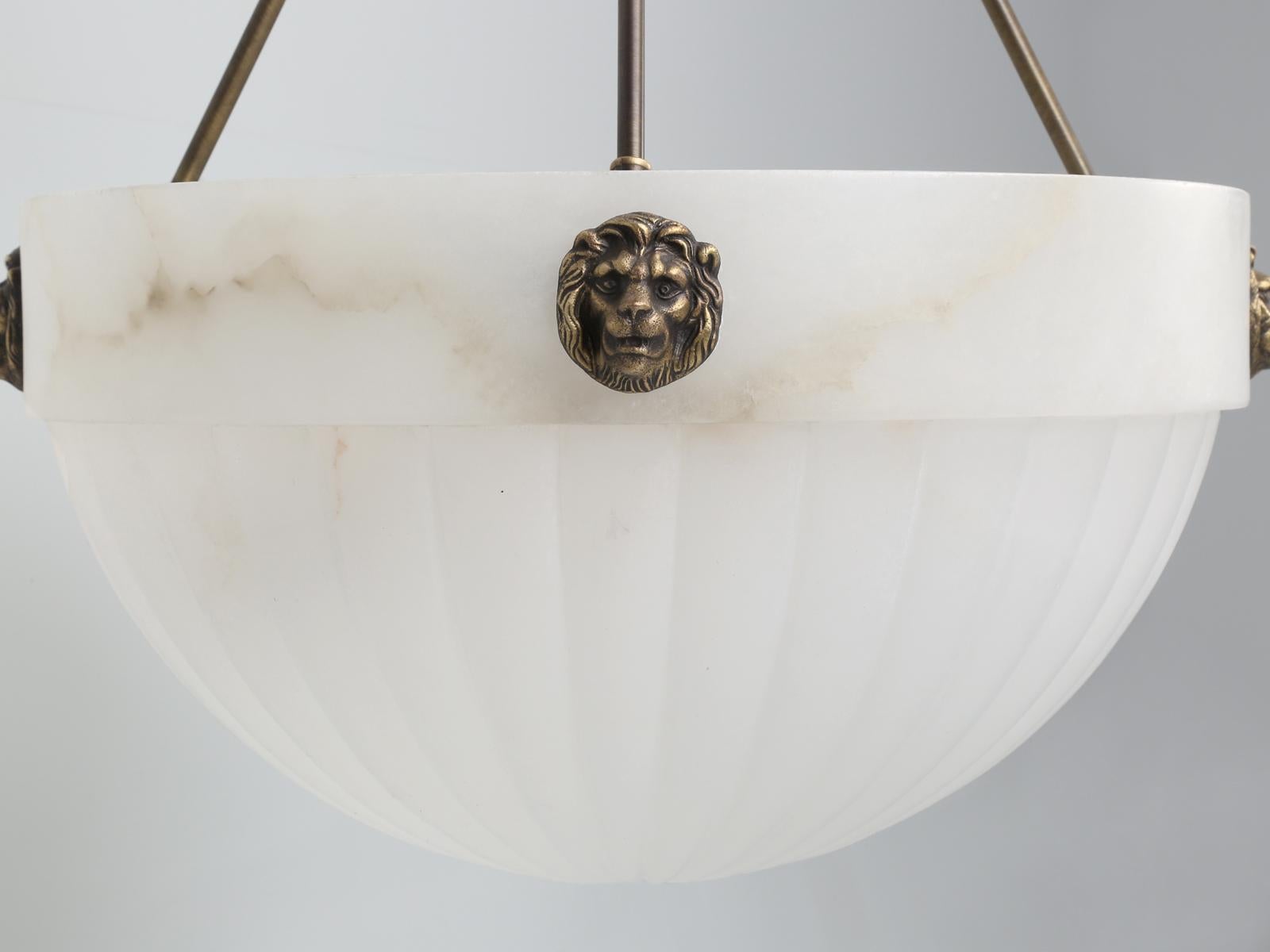 Neoclassical Alabaster Pendant Chandelier with Bronze Lions 1