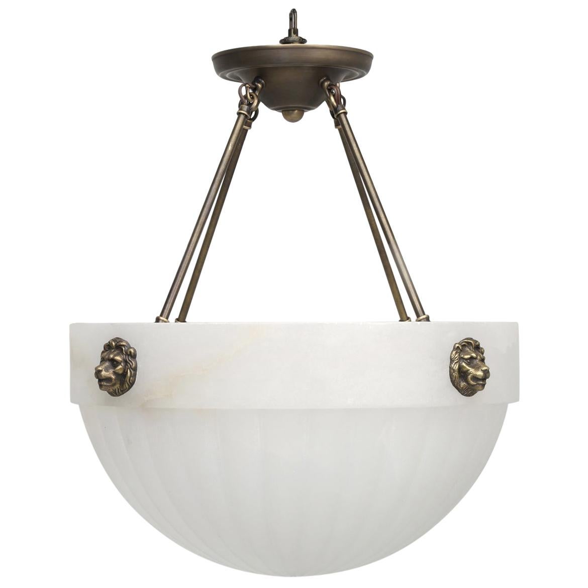 Neoclassical Alabaster Pendant Chandelier with Bronze Lions