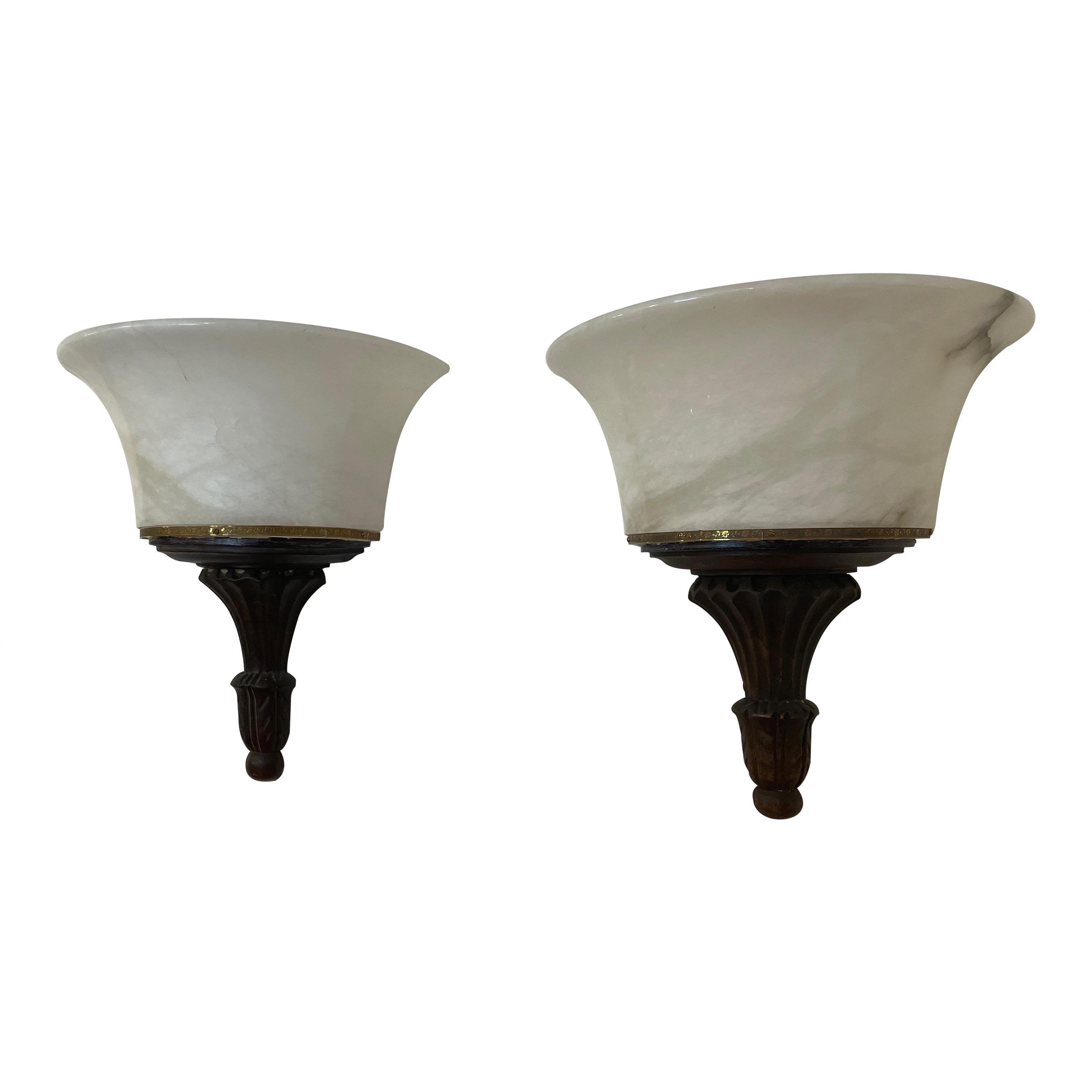 Neoclassical Alabaster Torch Sconces For Sale