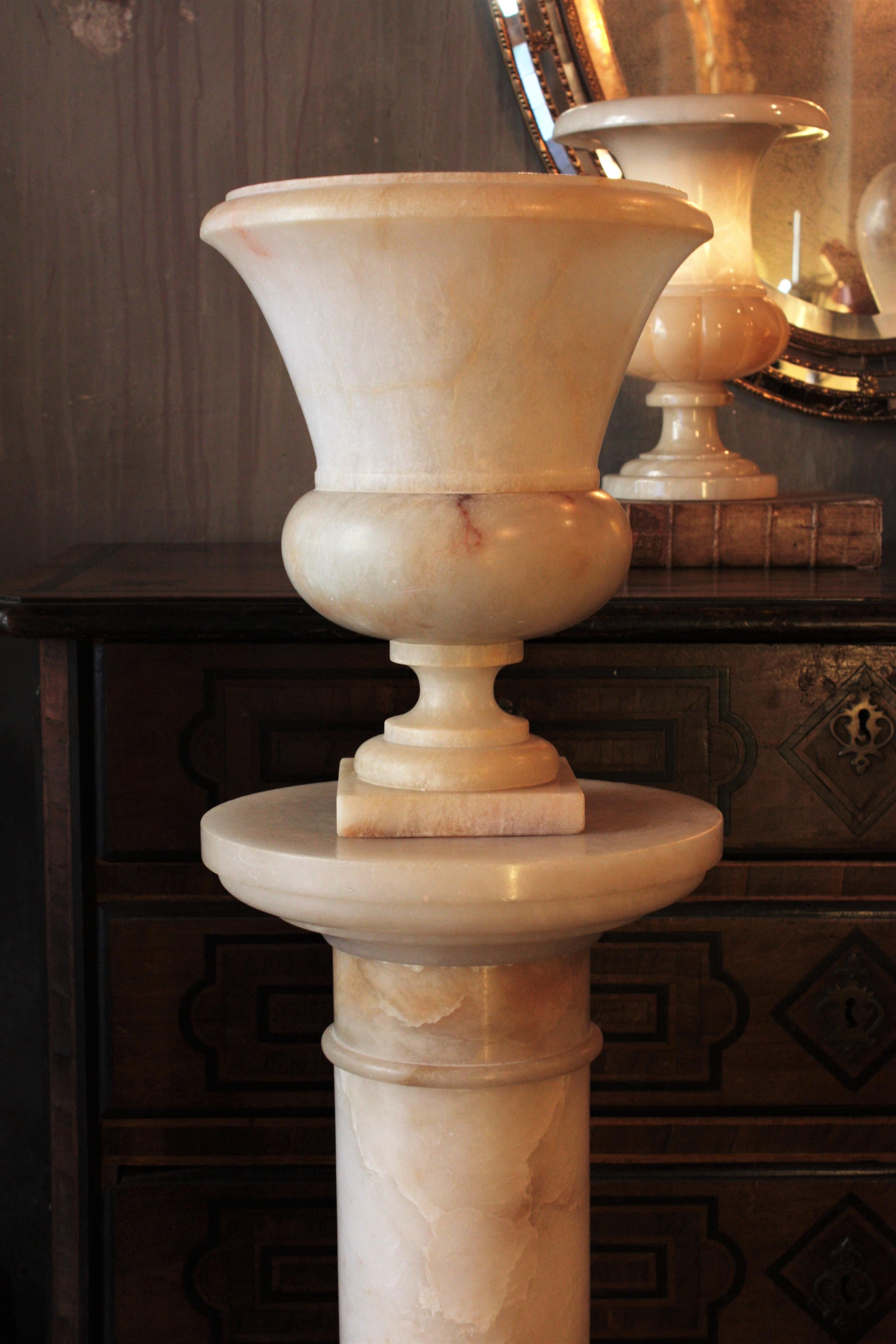 Carved Neoclassical Alabaster Urn Lamp on Column For Sale