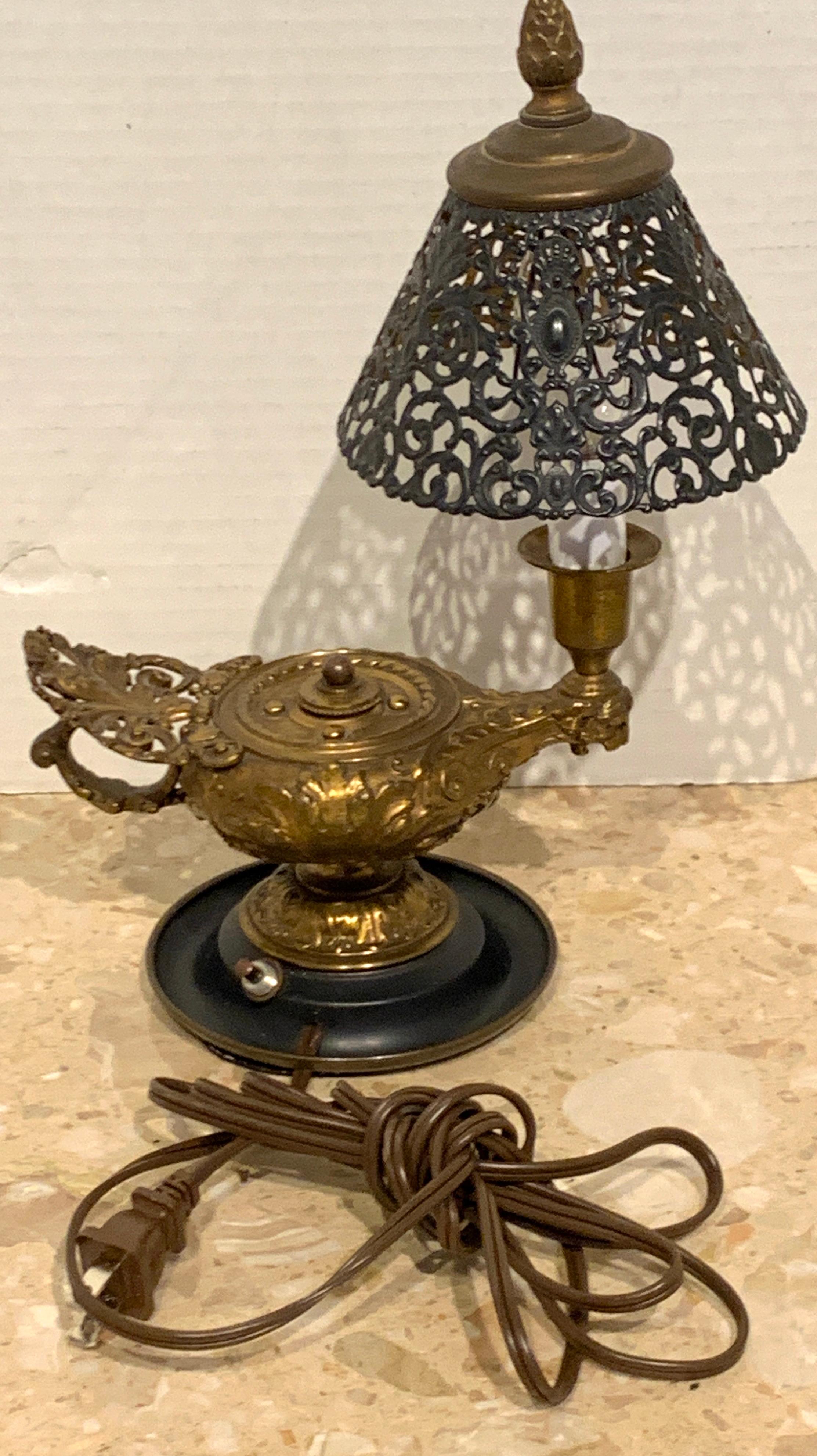 Bronze Neoclassical Aladdins Lamp and Shade For Sale