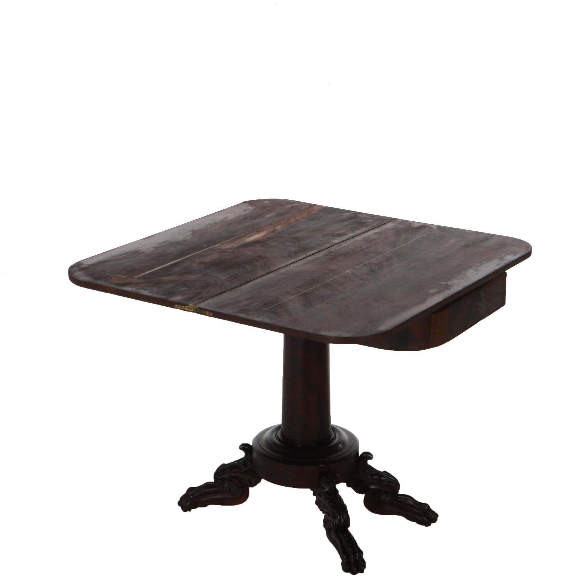 ***Reduced Delivery Rates - See Below or Click “Ask The Seller” to Request a Quote***

Neoclassical American Empire Flame Mahogany Game Table Raised on Acanthus Carved Cabriole Legs Terminating in Paw Feet c1840

Measures- 29.25''H x 35.5''W x