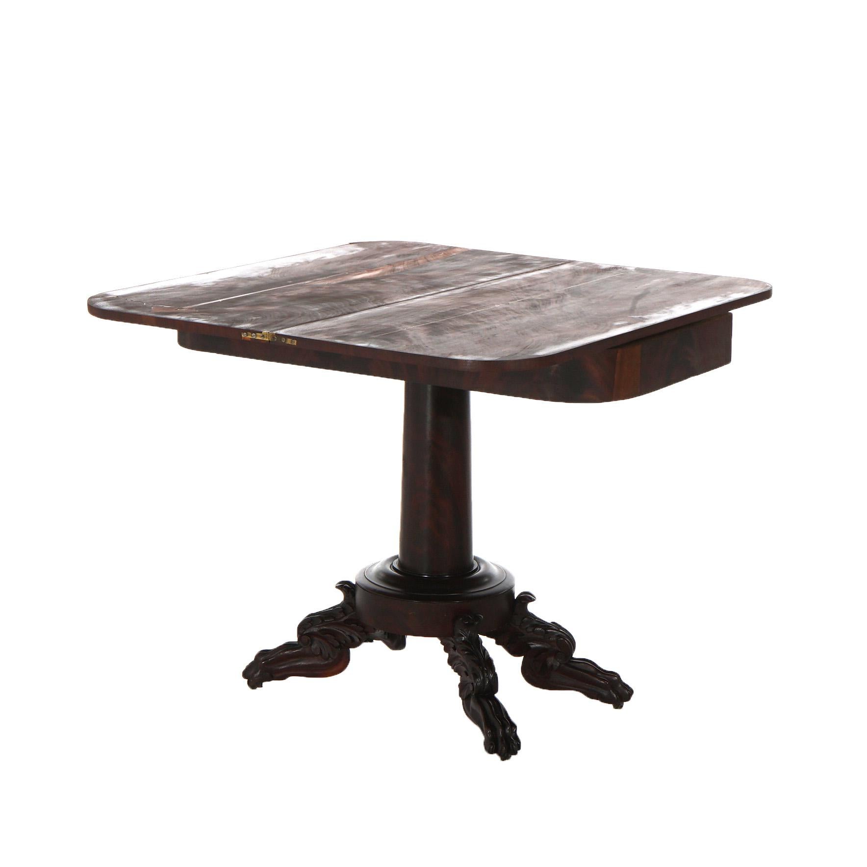 Carved Neoclassical American Empire Flame Mahogany Game Table with Paw Feet c1840 For Sale