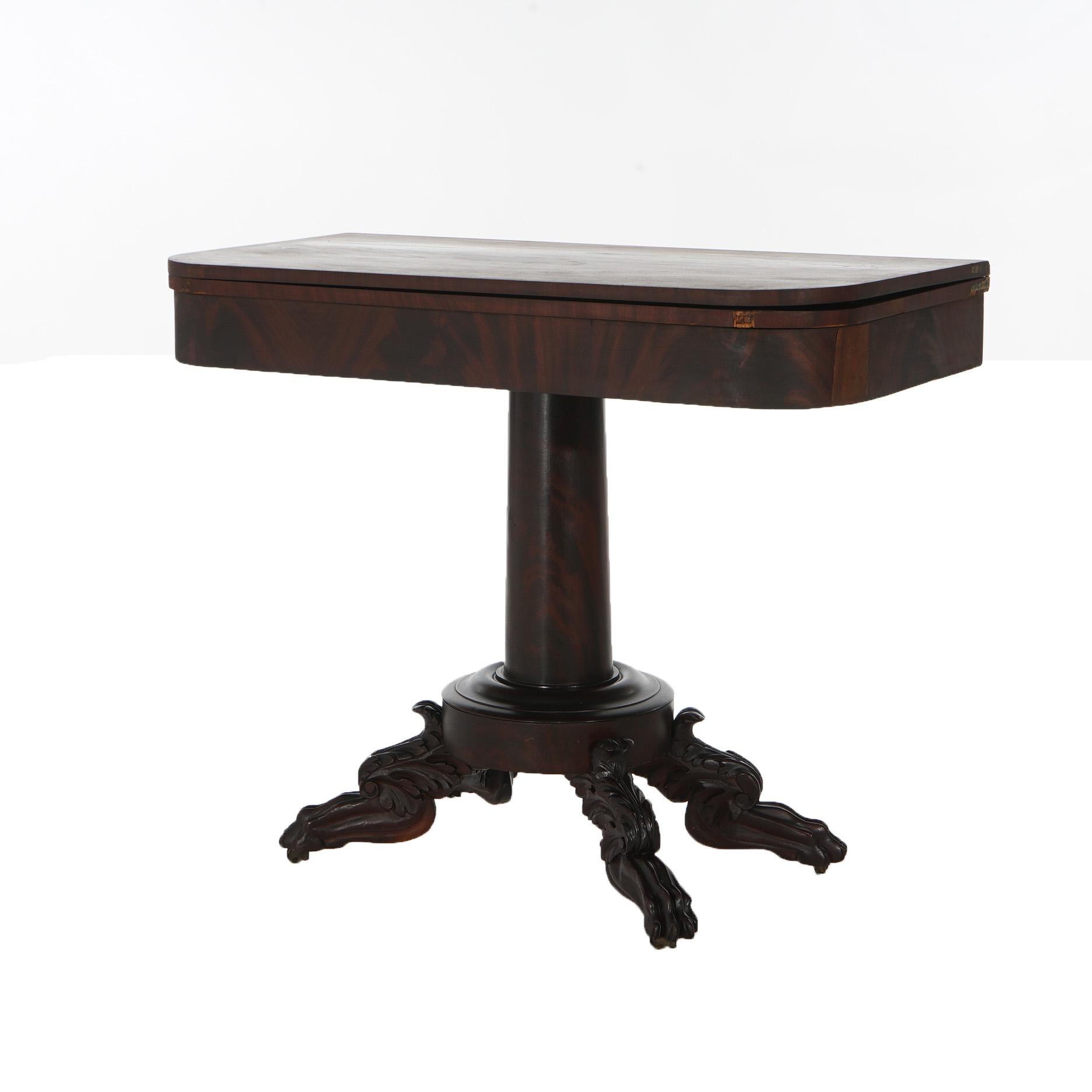 19th Century Neoclassical American Empire Flame Mahogany Game Table with Paw Feet c1840 For Sale