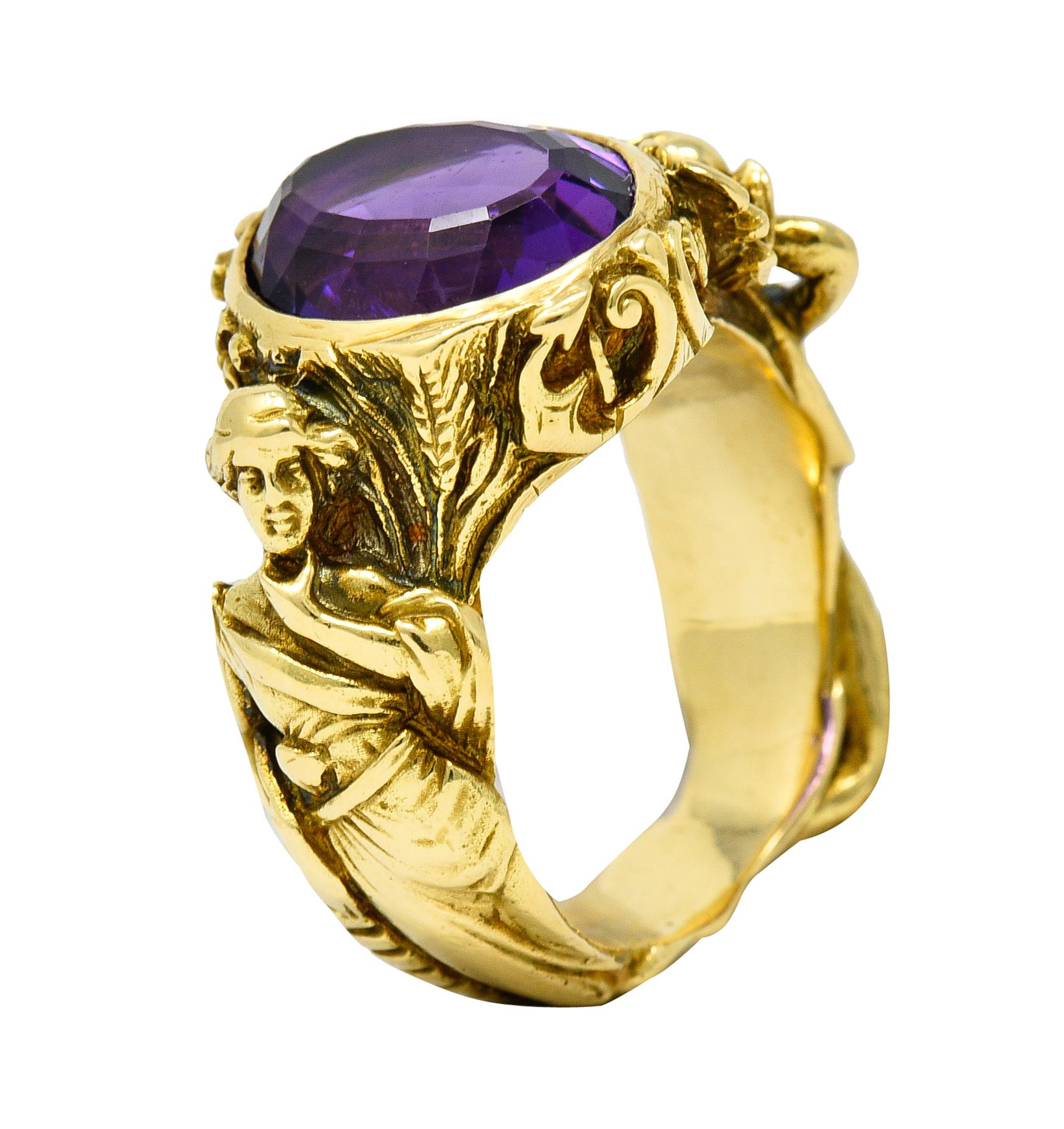Neoclassical Amethyst 18 Karat Gold Hellenistic Hermes Demeter Signet Ring 6