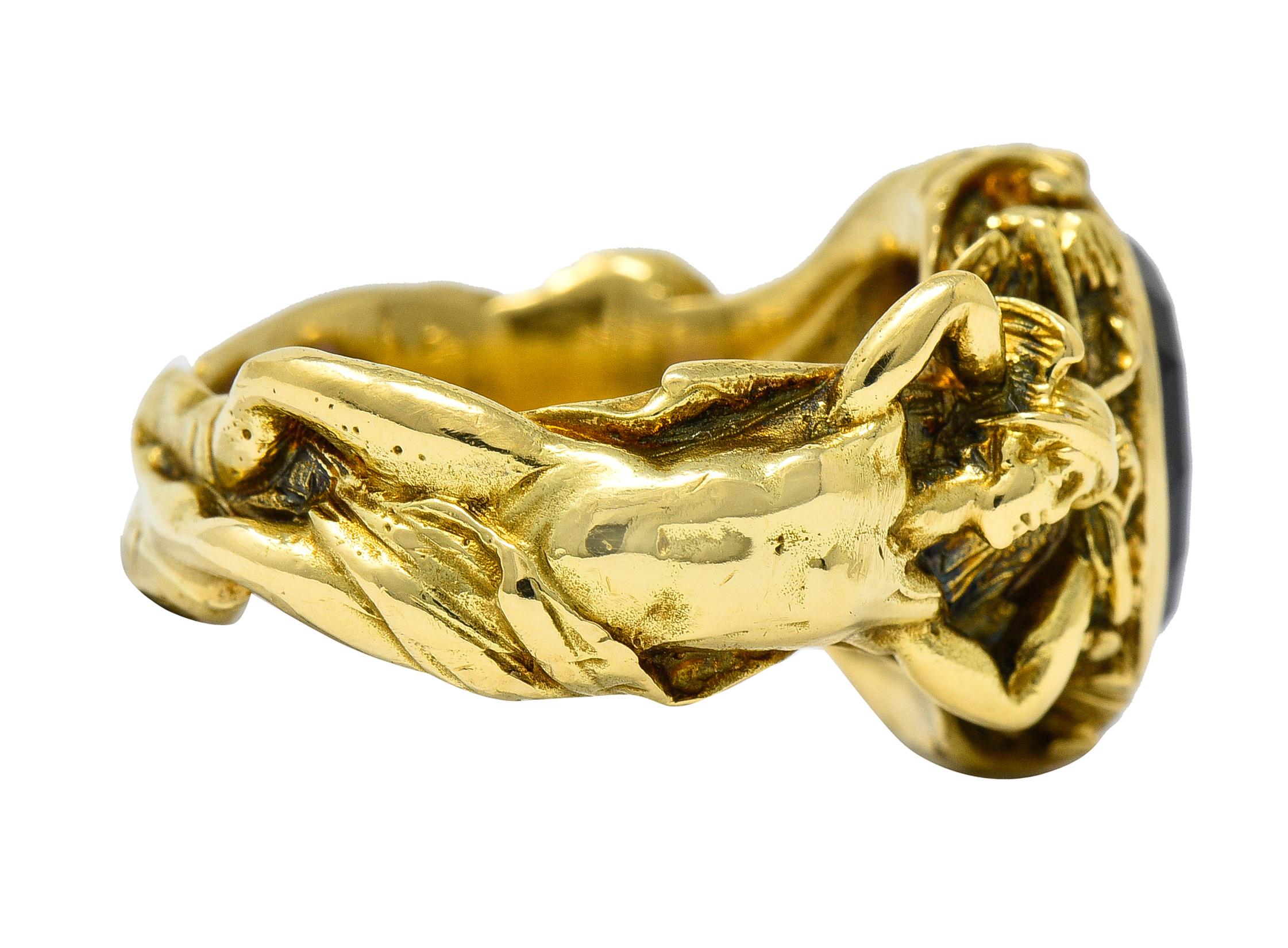 Mixed Cut Neoclassical Amethyst 18 Karat Gold Hellenistic Hermes Demeter Signet Ring