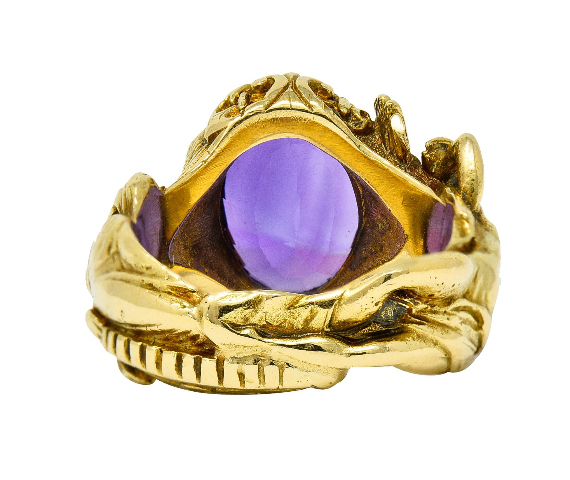 Neoclassical Amethyst 18 Karat Gold Hellenistic Hermes Demeter Signet Ring In Excellent Condition In Philadelphia, PA
