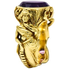 Neoclassical Amethyst 18 Karat Gold Hellenistic Hermes Demeter Signet Ring