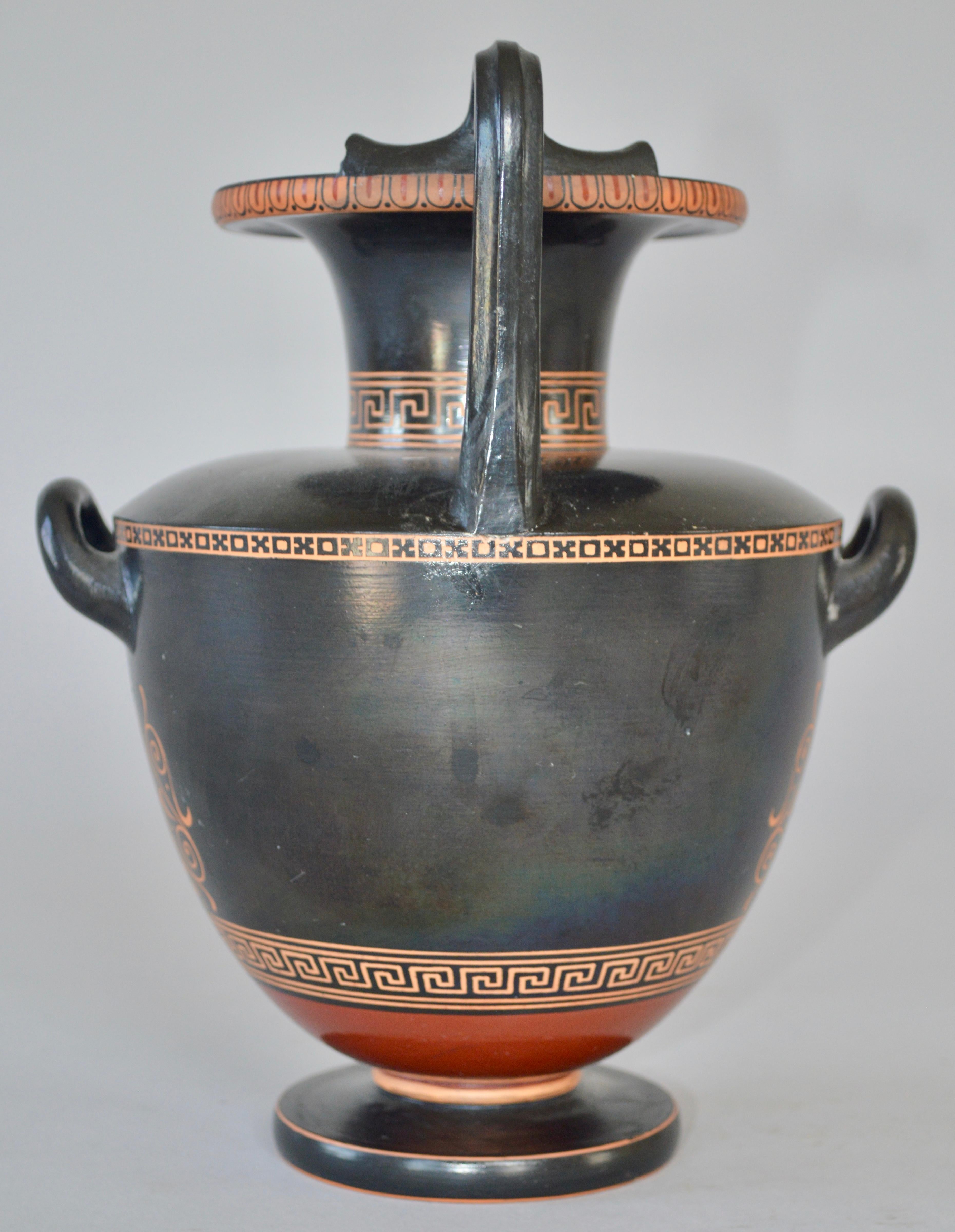 Neoclassical Amphora vase in black painted terracotta, decorated with figures and symbols from Greek mythology. Extremely high artcraft quality. Signed and stamped P. Ibsen eneret Copenhagen 27/311 Denmark, 1870-1890.