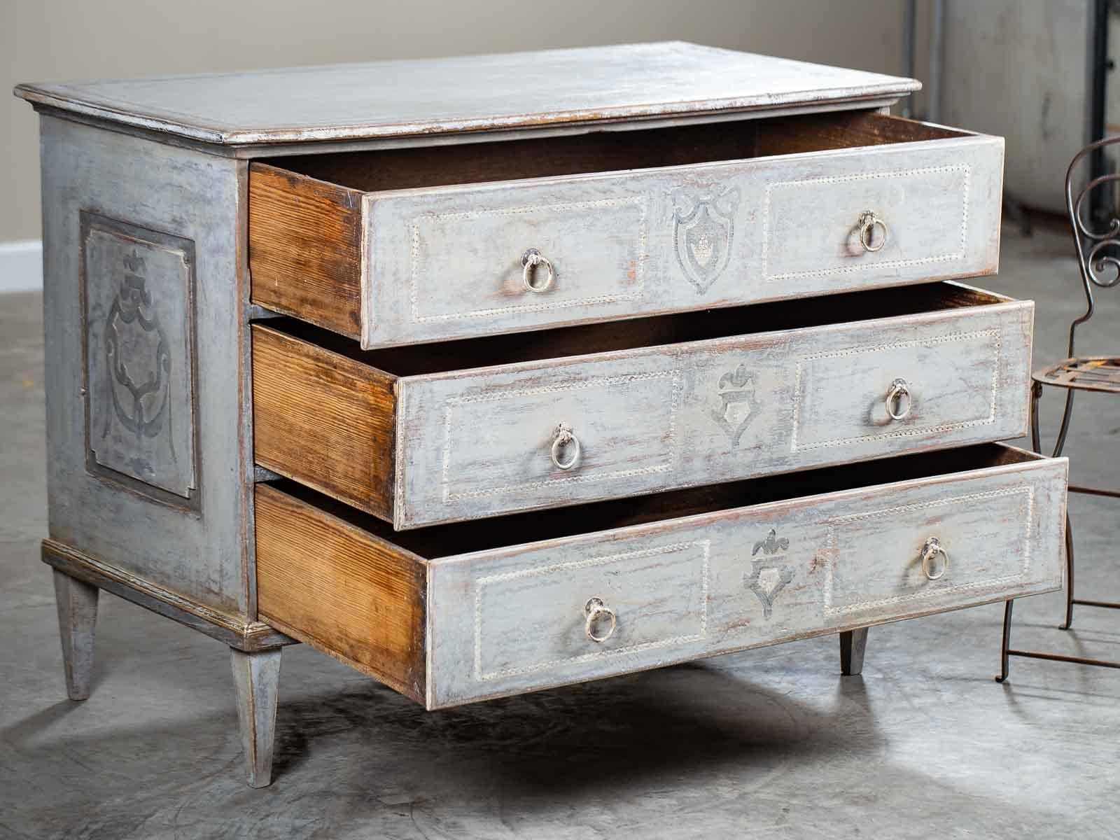 Hand-Painted Neoclassical Antique Austrian Three-Drawer Painted Chest, circa 1830