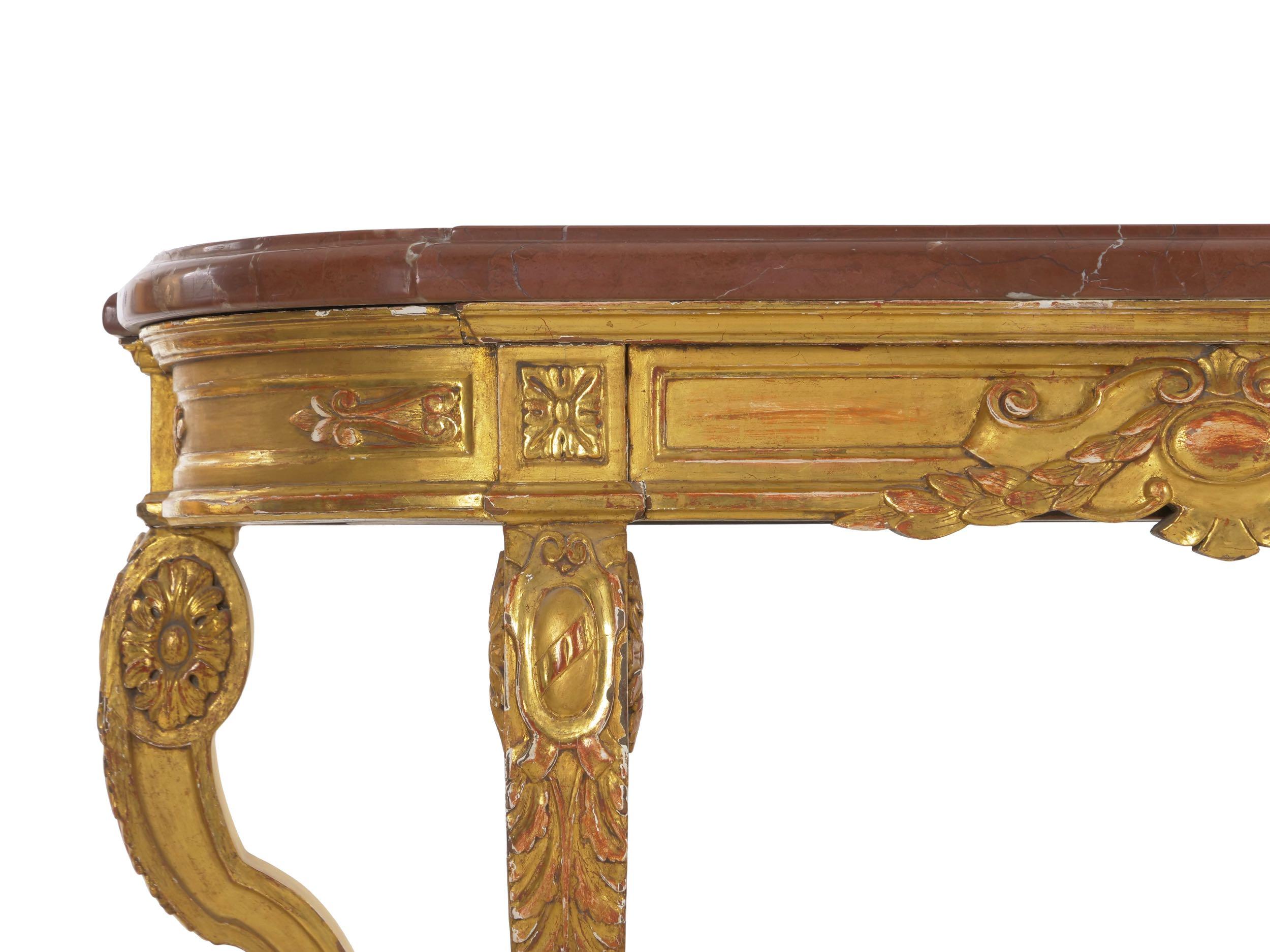 Neoclassical Antique Carved Giltwood and Red Marble Console Pier Table 9