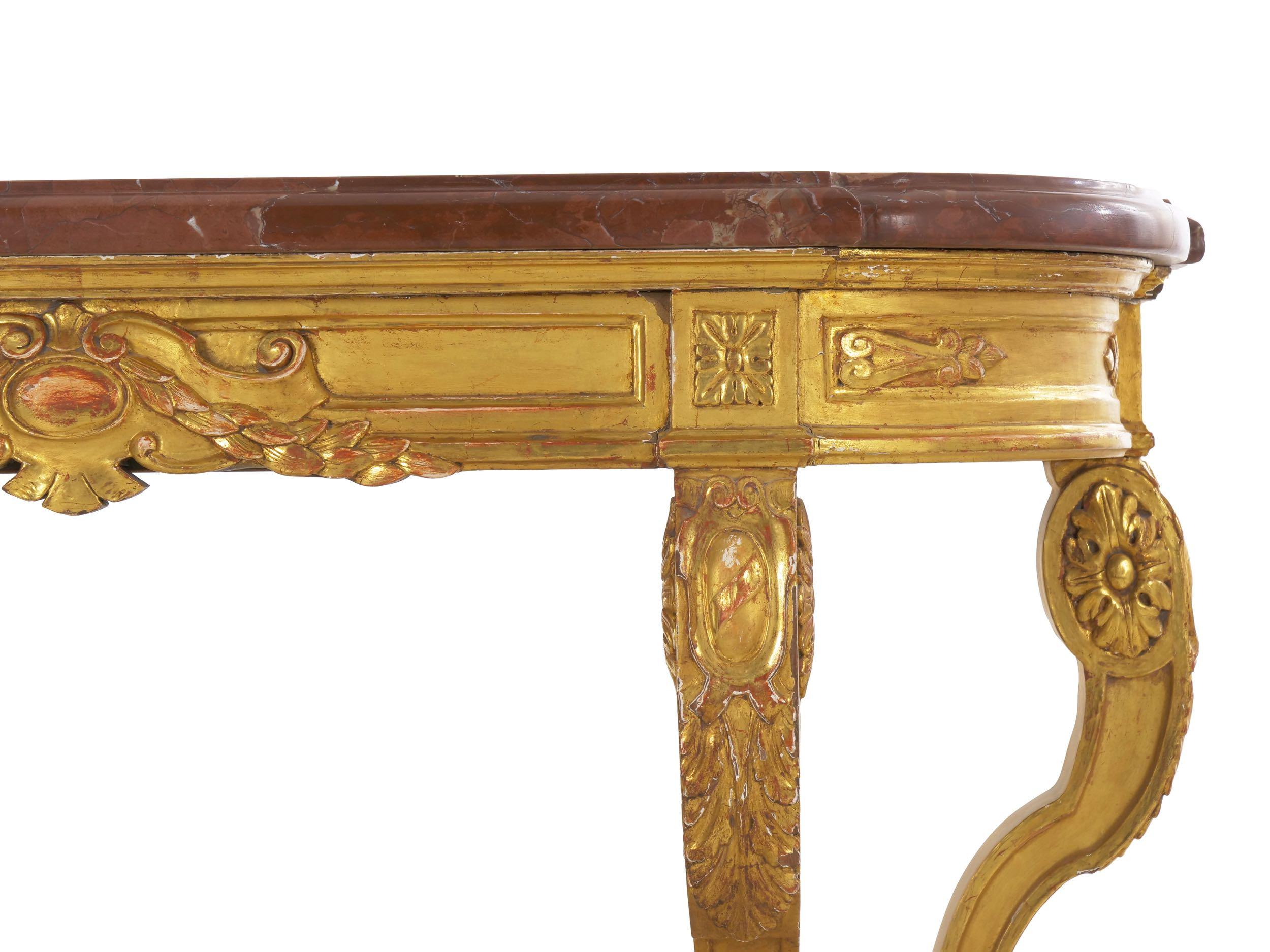 Neoclassical Antique Carved Giltwood and Red Marble Console Pier Table 12