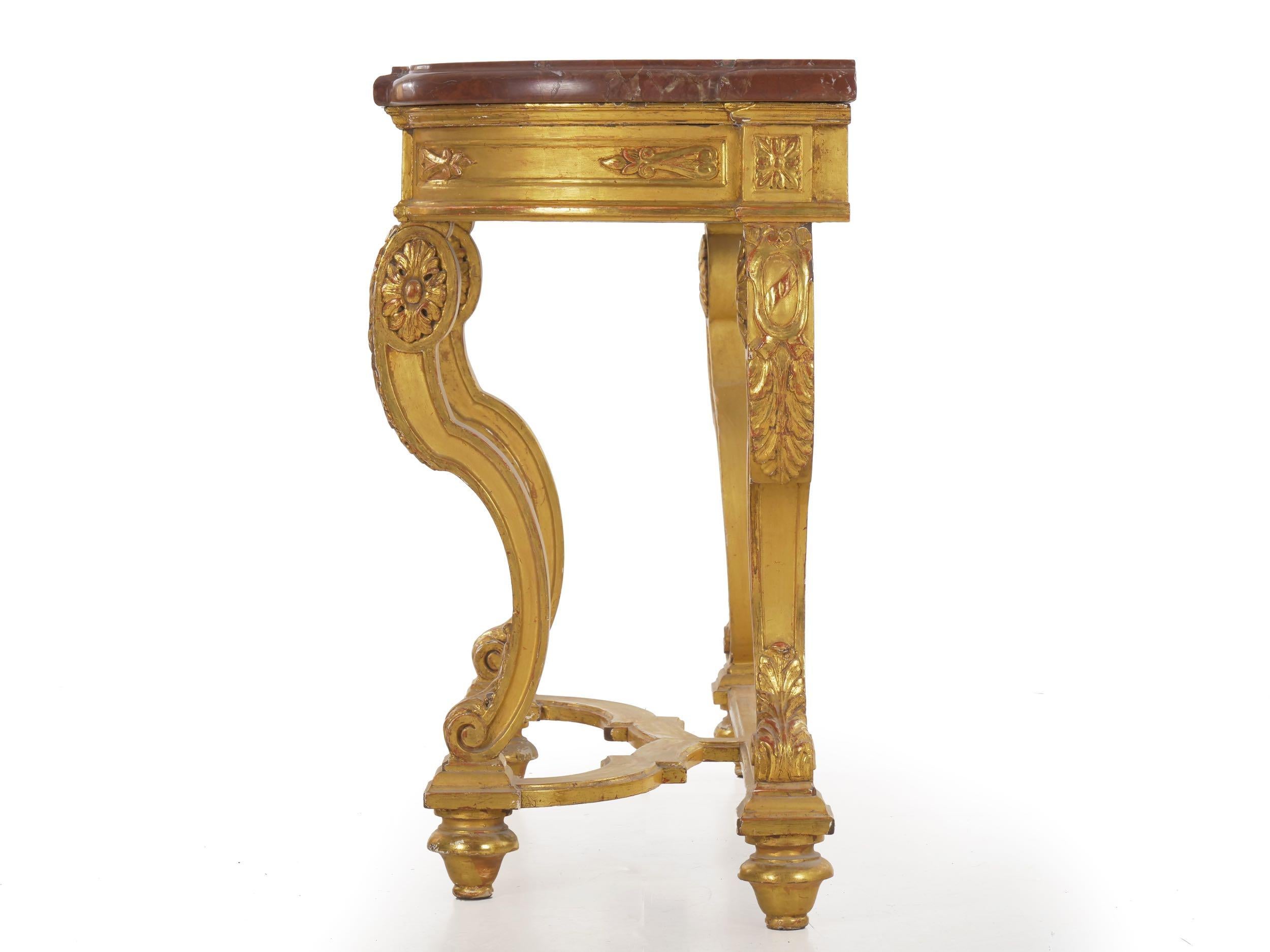 European Neoclassical Antique Carved Giltwood and Red Marble Console Pier Table