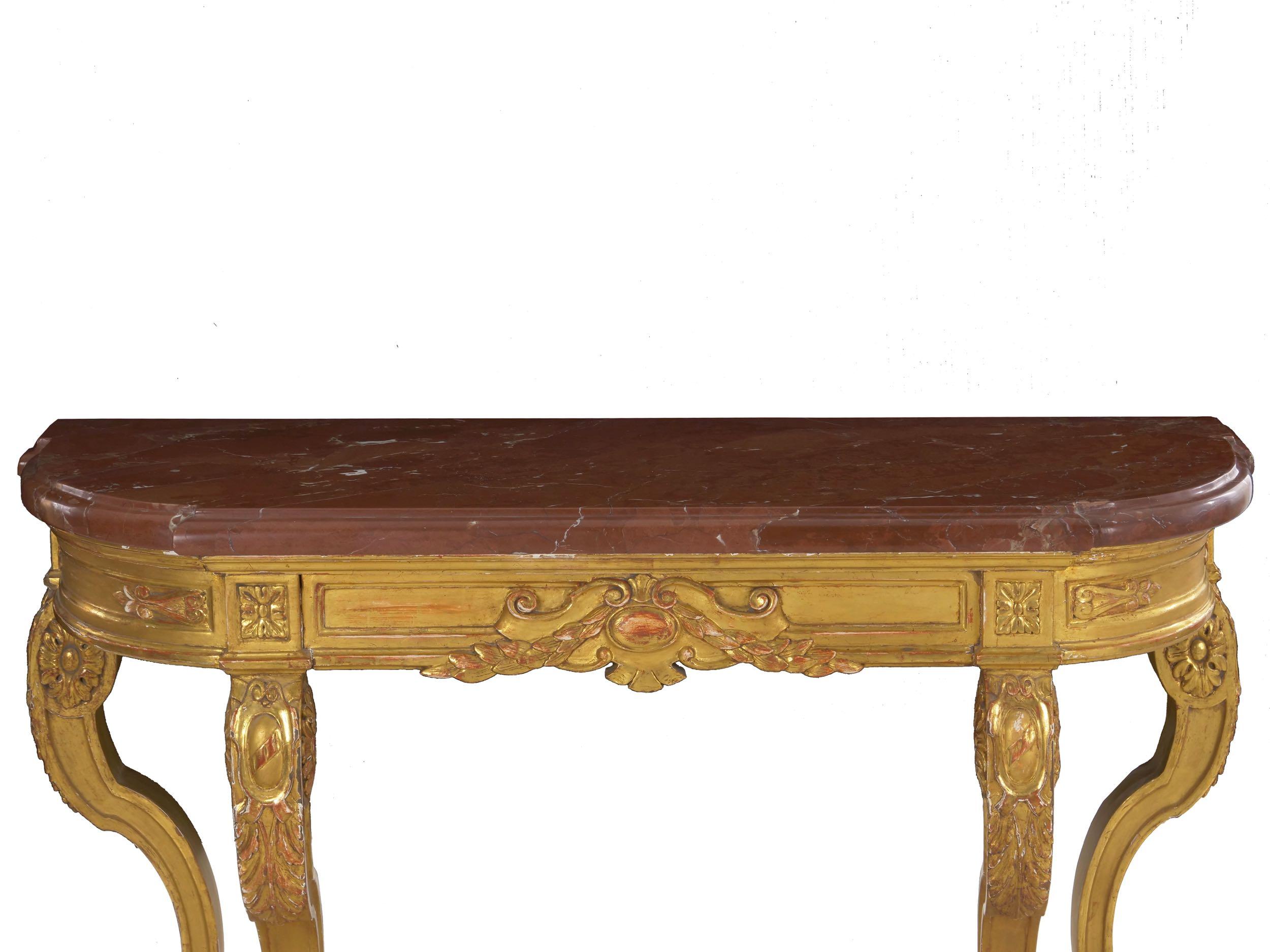 Neoclassical Antique Carved Giltwood and Red Marble Console Pier Table 1
