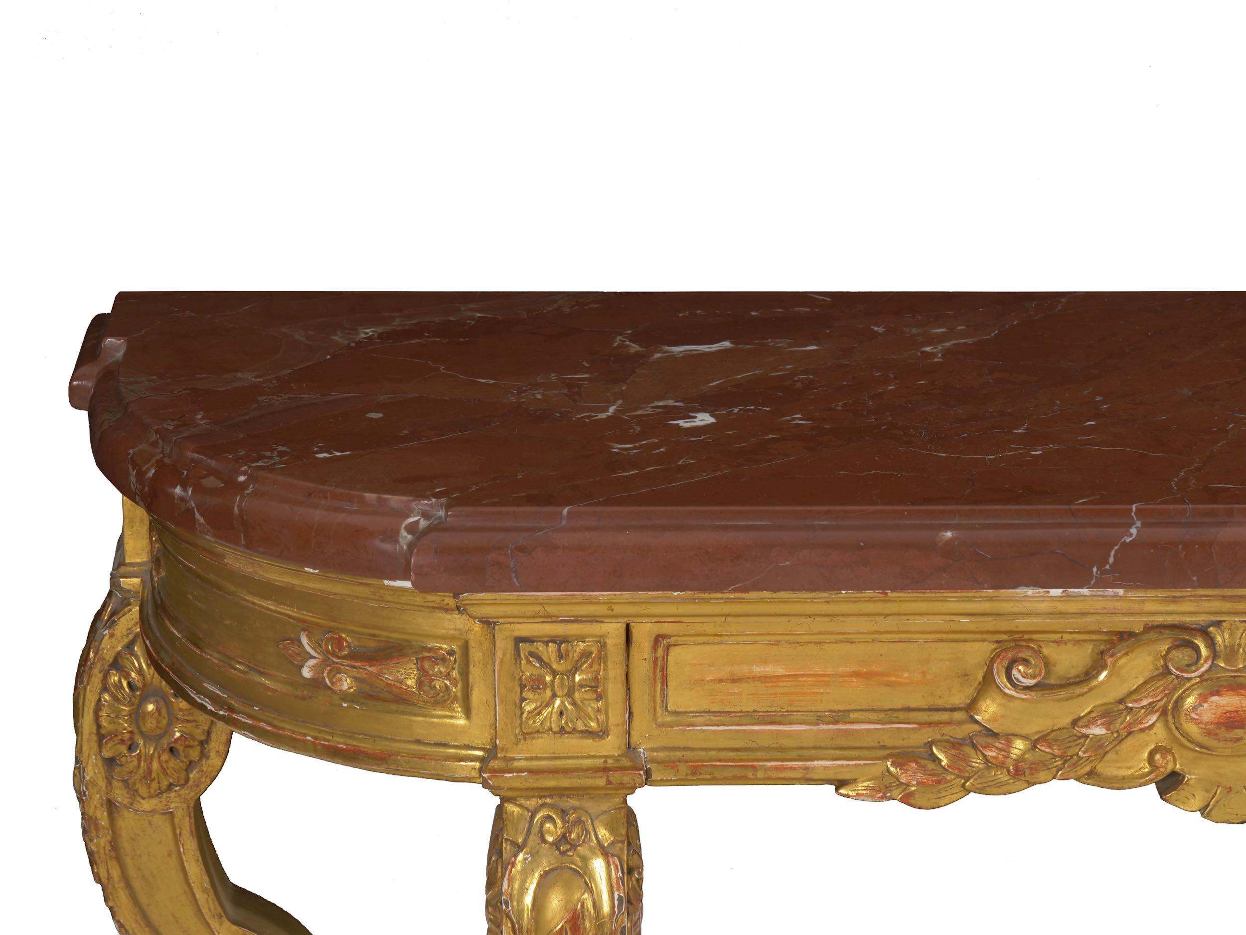 Neoclassical Antique Carved Giltwood and Red Marble Console Pier Table 2