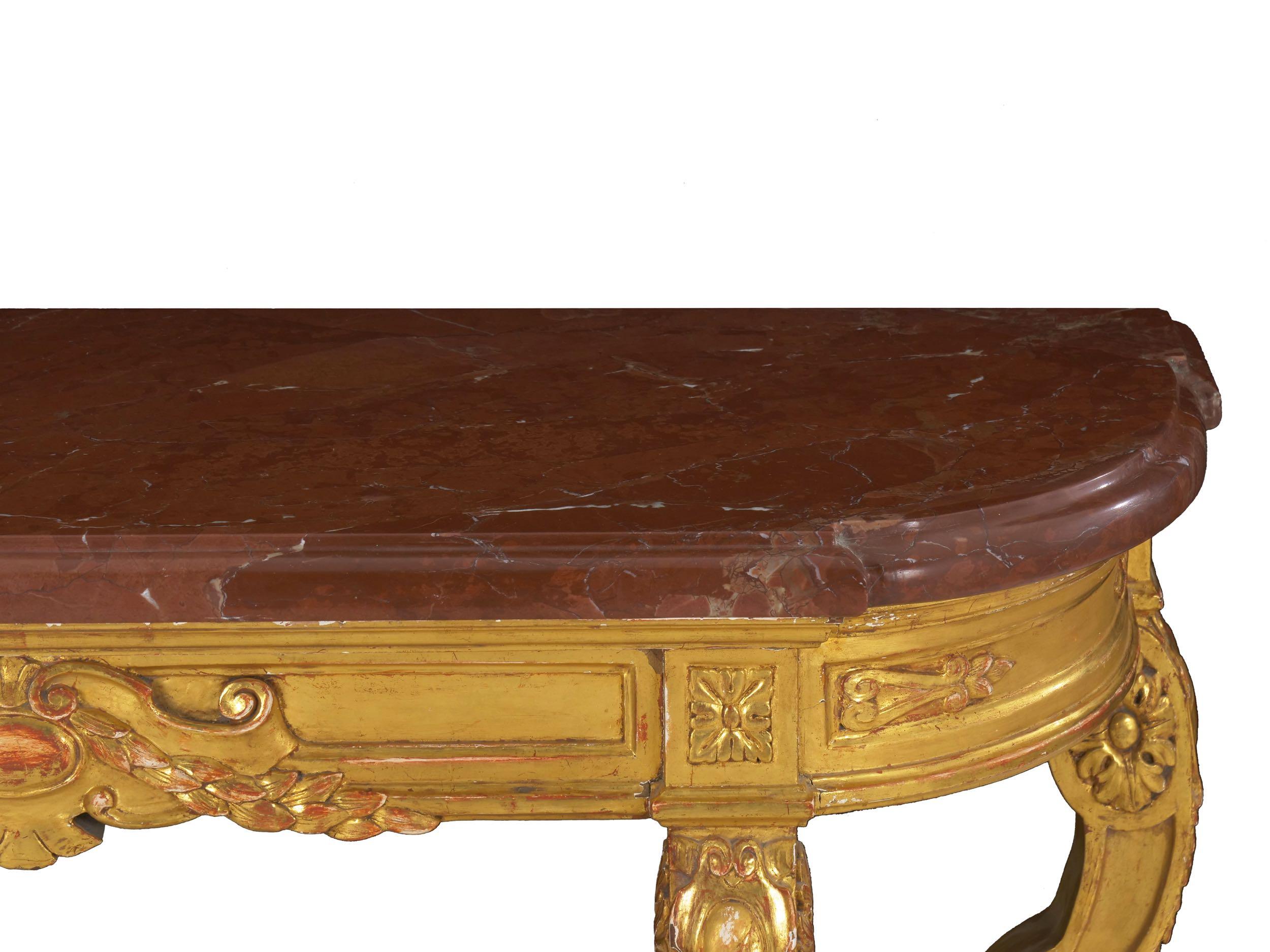 Neoclassical Antique Carved Giltwood and Red Marble Console Pier Table 3