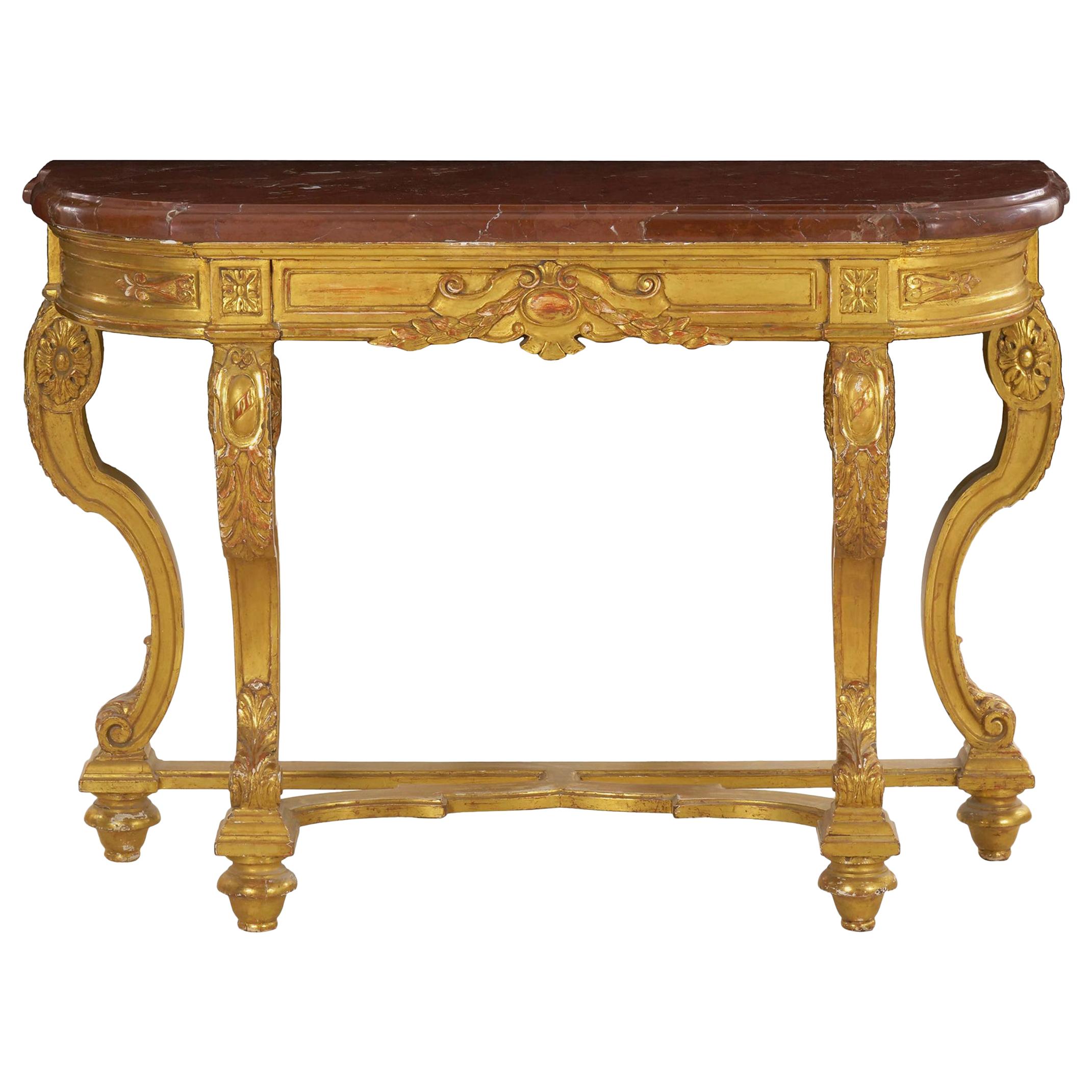 Neoclassical Antique Carved Giltwood and Red Marble Console Pier Table