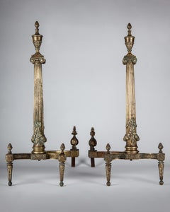 Antique Neoclassical Cast Brass Andirons with Tapered Fluted Columns, Circa 1900