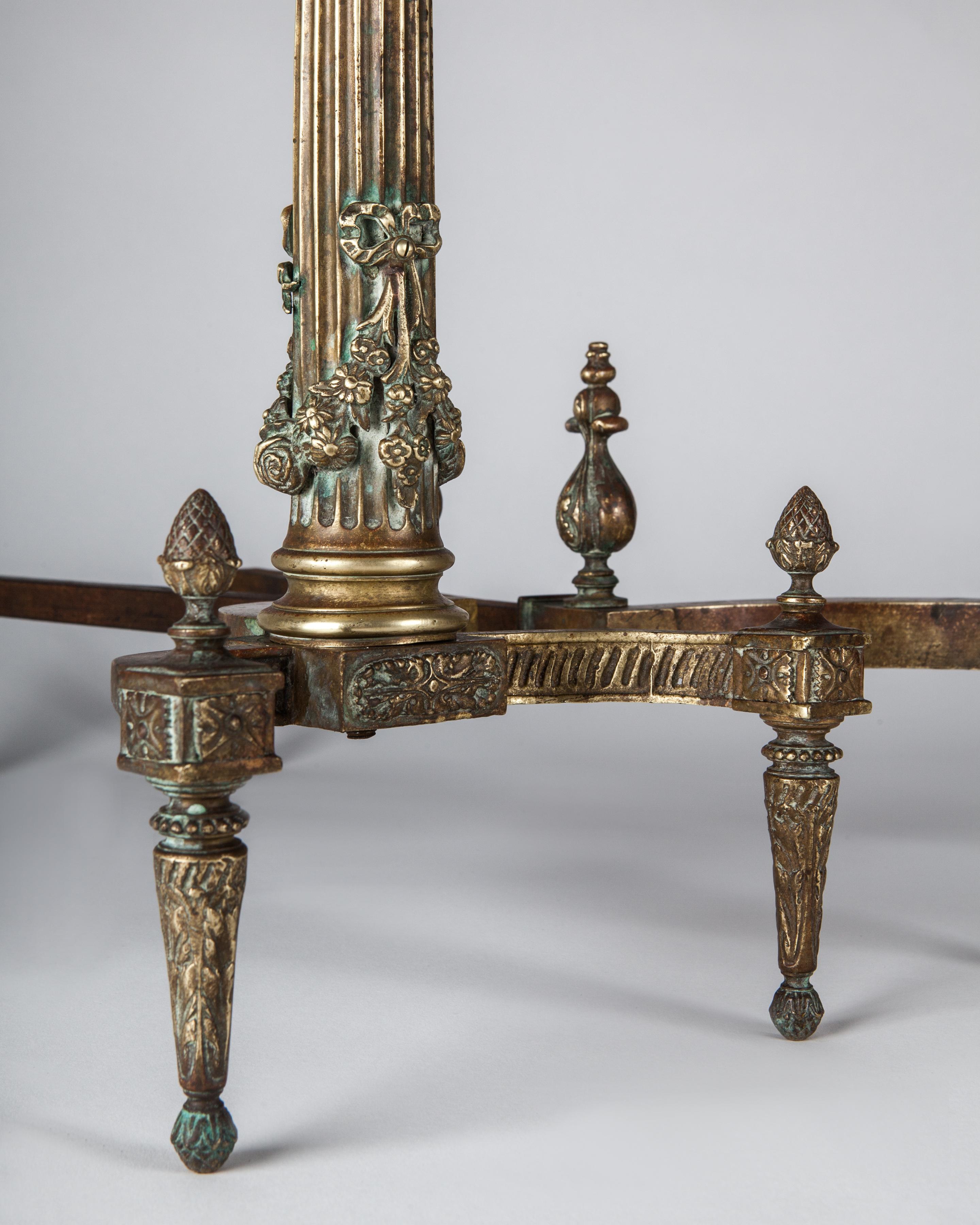 Early 20th Century Antique Neoclassical Cast Brass Andirons with Tapered Fluted Columns, Circa 1900 For Sale