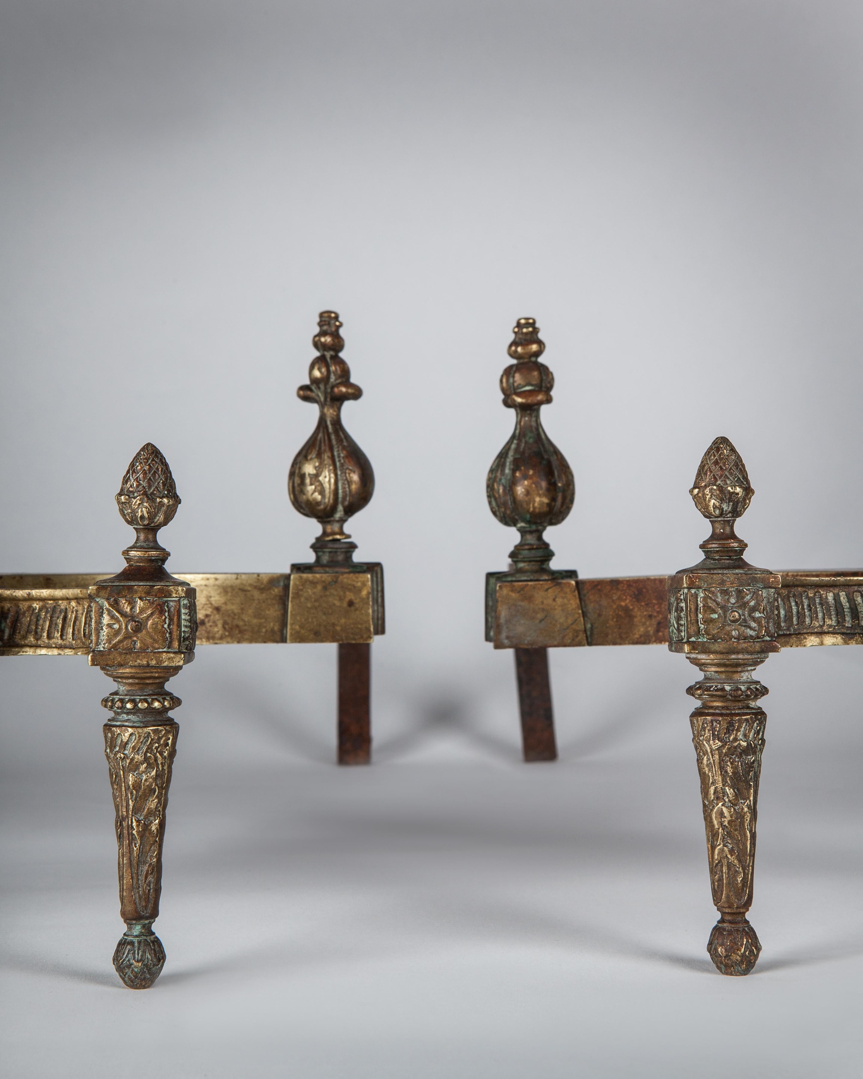 Antique Neoclassical Cast Brass Andirons with Tapered Fluted Columns, Circa 1900 For Sale 2