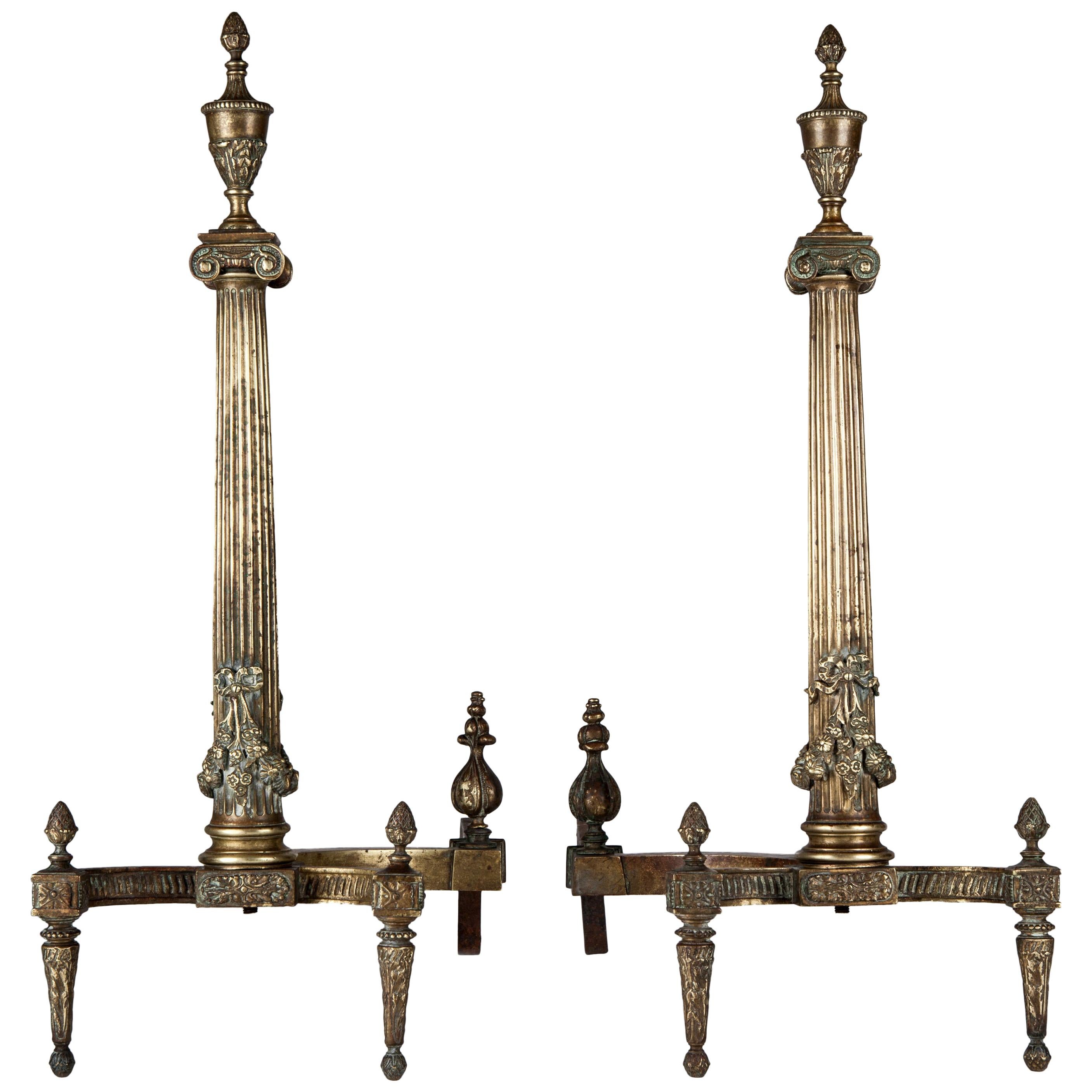 Antique Neoclassical Cast Brass Andirons with Tapered Fluted Columns, Circa 1900