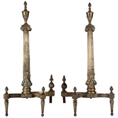 Antique Neoclassical Cast Brass Andirons with Tapered Fluted Columns, Circa 1900