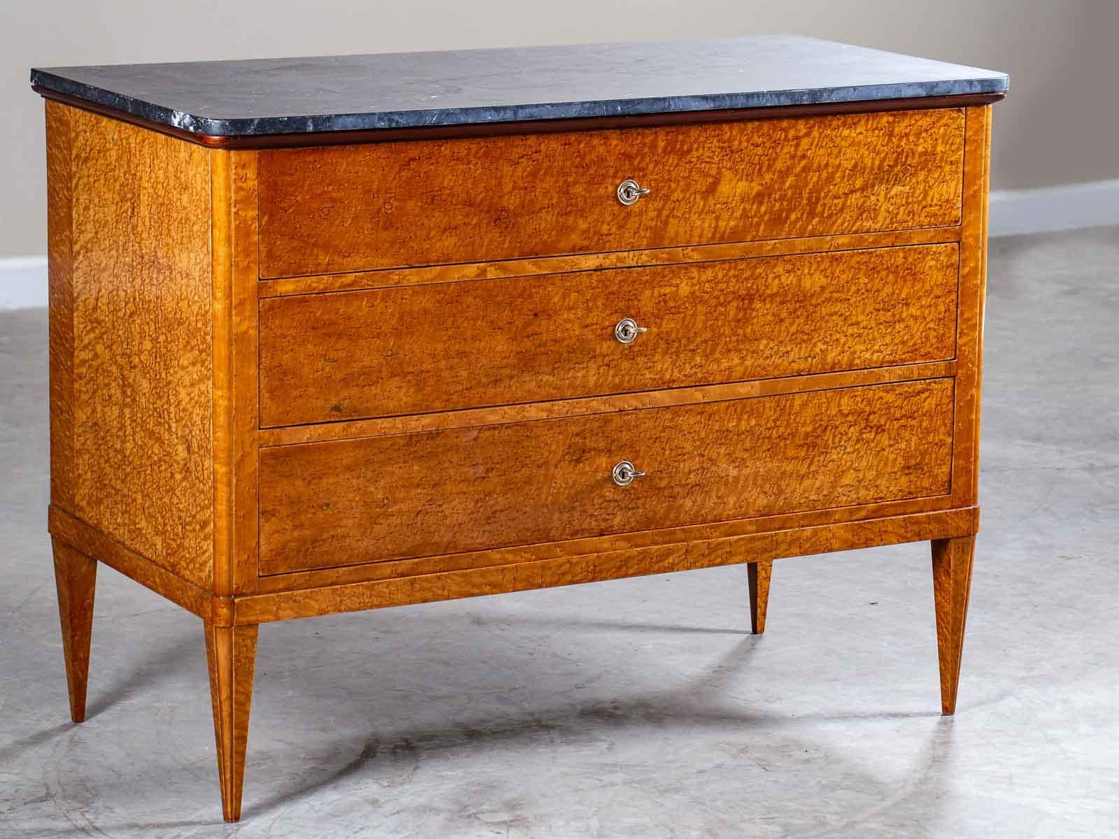 Mid-19th Century Neoclassical Antique French Charles X Birchwood Chest Commode Marble Top