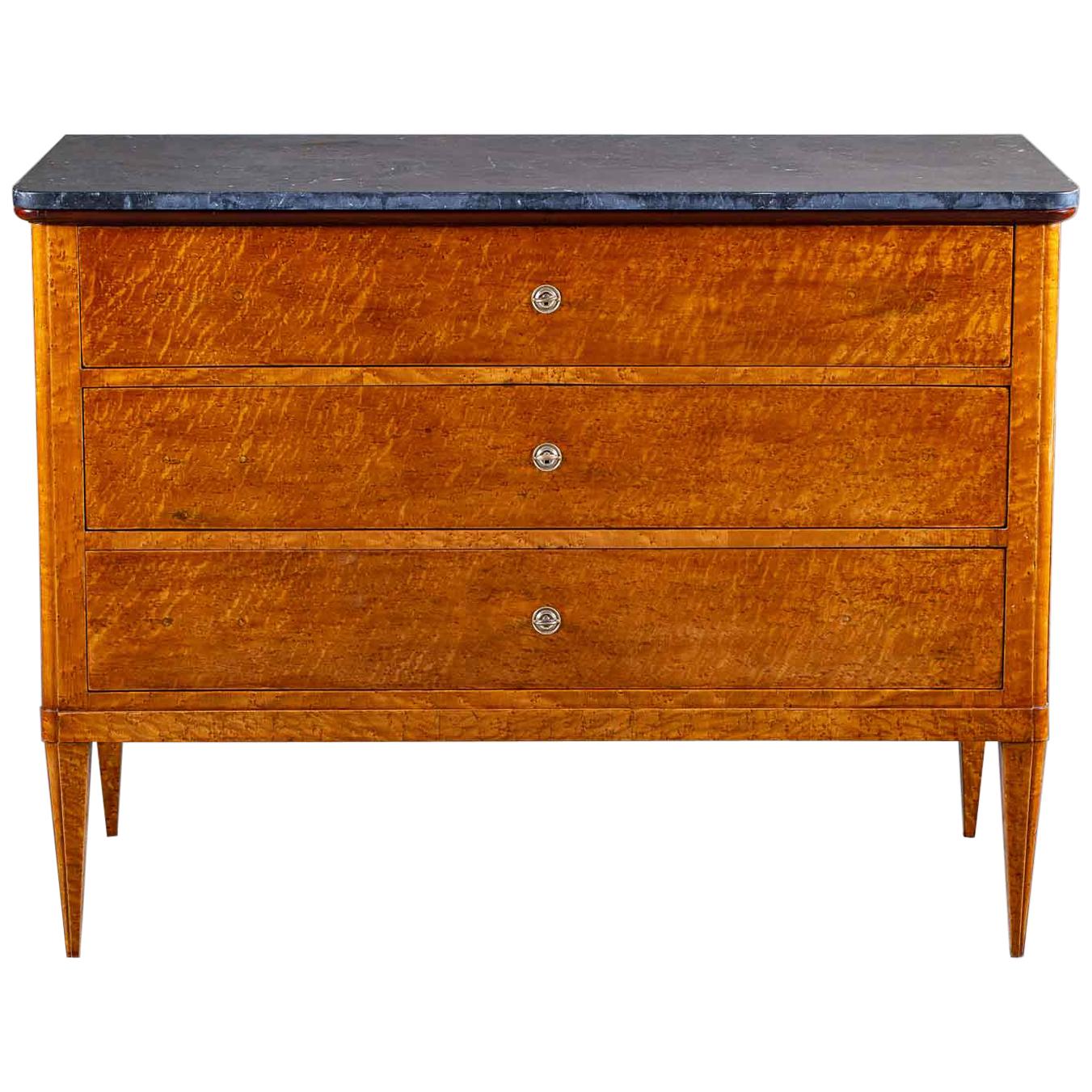 Neoclassical Antique French Charles X Birchwood Chest Commode Marble Top