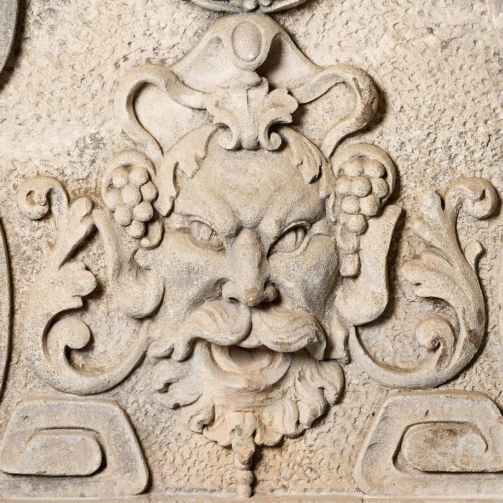 Italian Neoclassical Antique Limestone Mask Wall Fountain For Sale