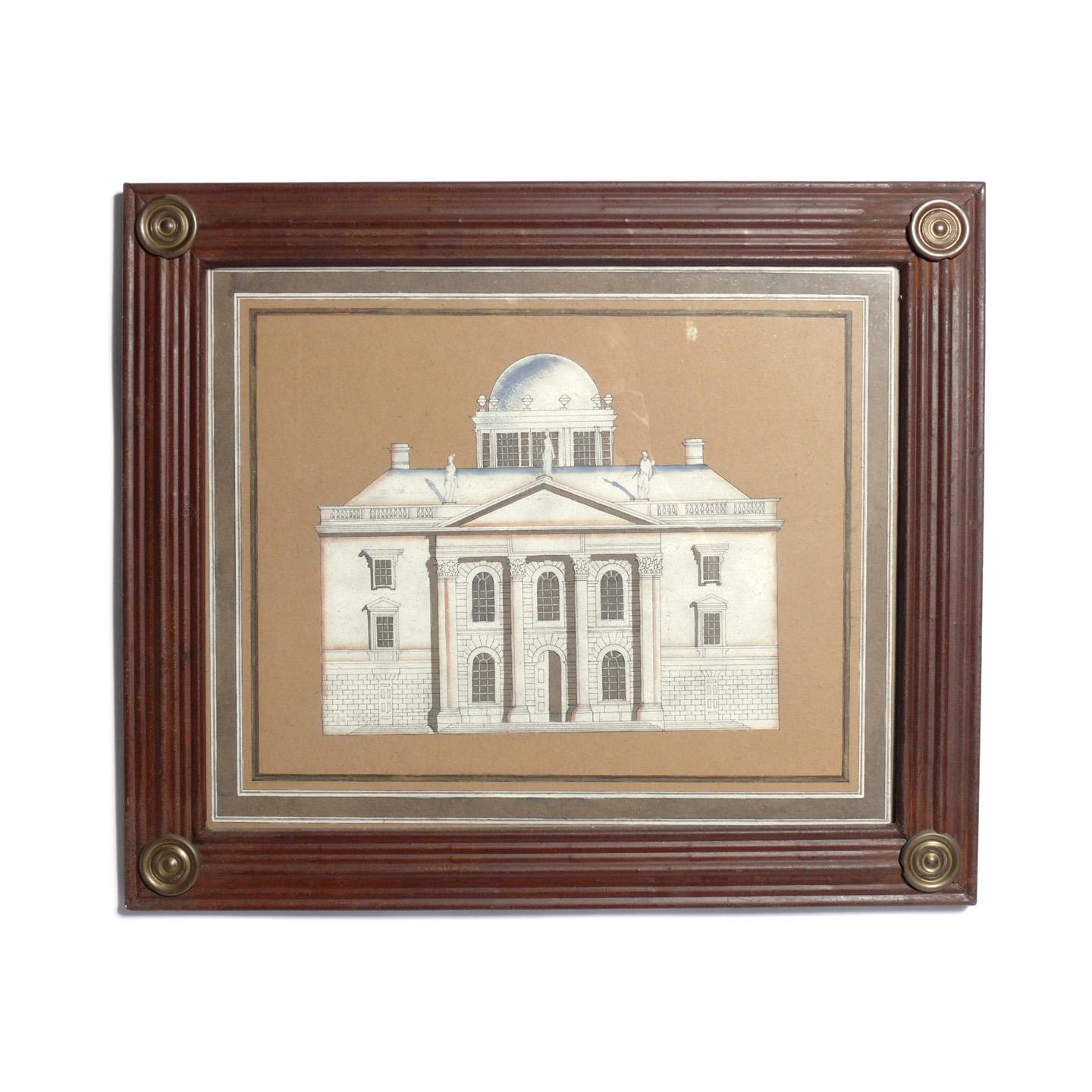 Set of hand colored or painted neoclassical architectural drawings in custom metal frames, believed to be French, circa 1940s, for legendary NYC antique dealer and interior designer John Rosselli. Signed with John Rosselli tag on verso. They are